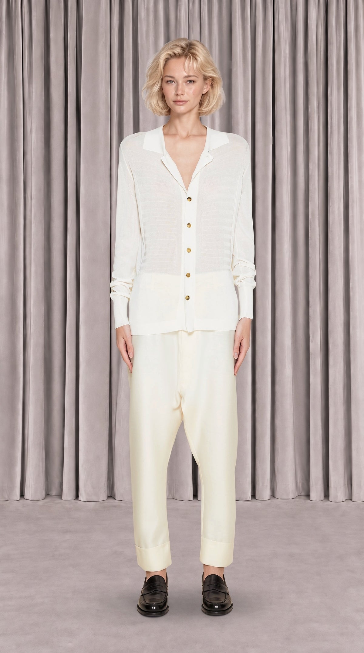 Bib Long Sleeve Polo Ivory Women, front view – POAN