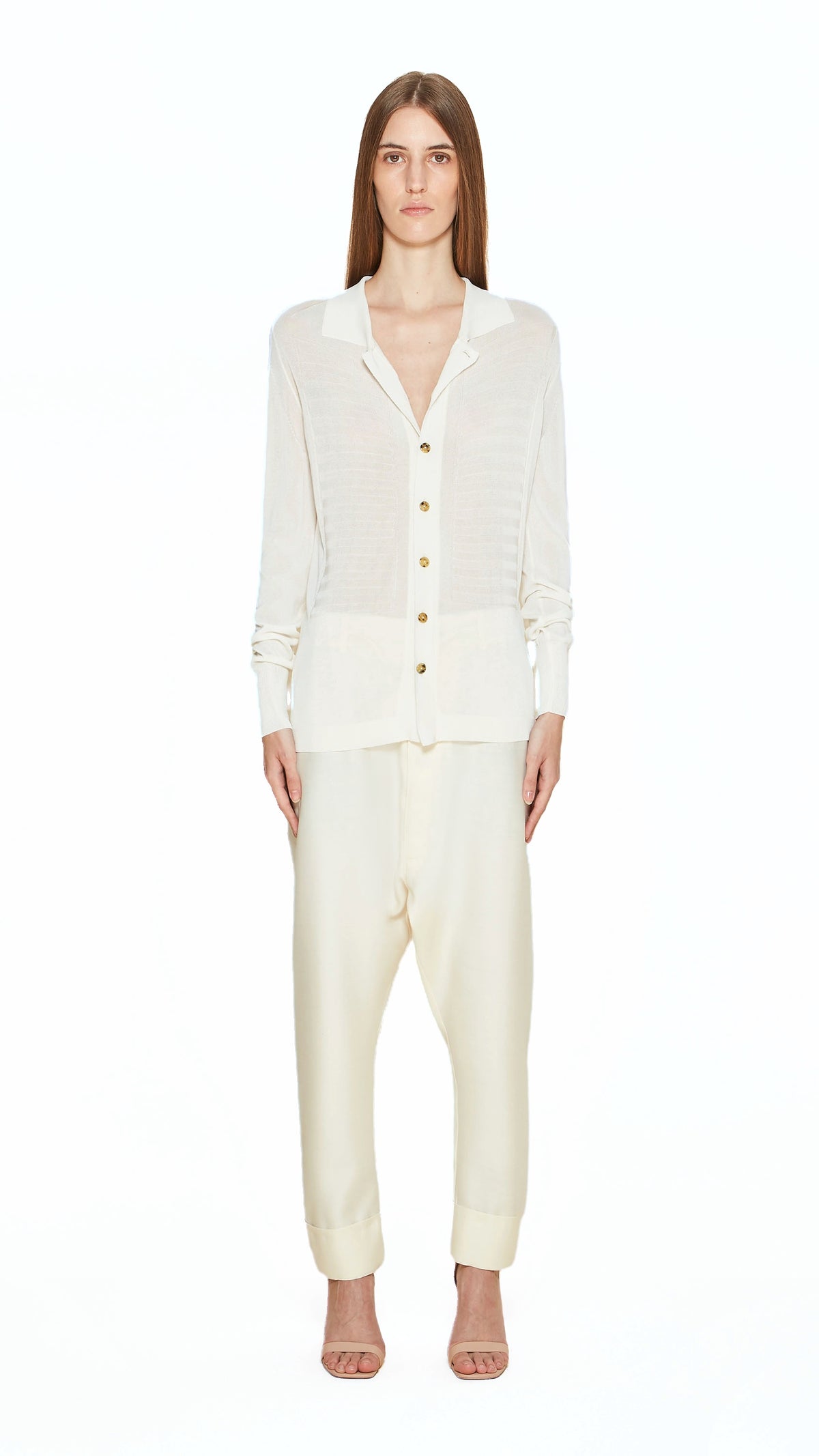 Bib Long Sleeve Polo Ivory Women, front view – POAN