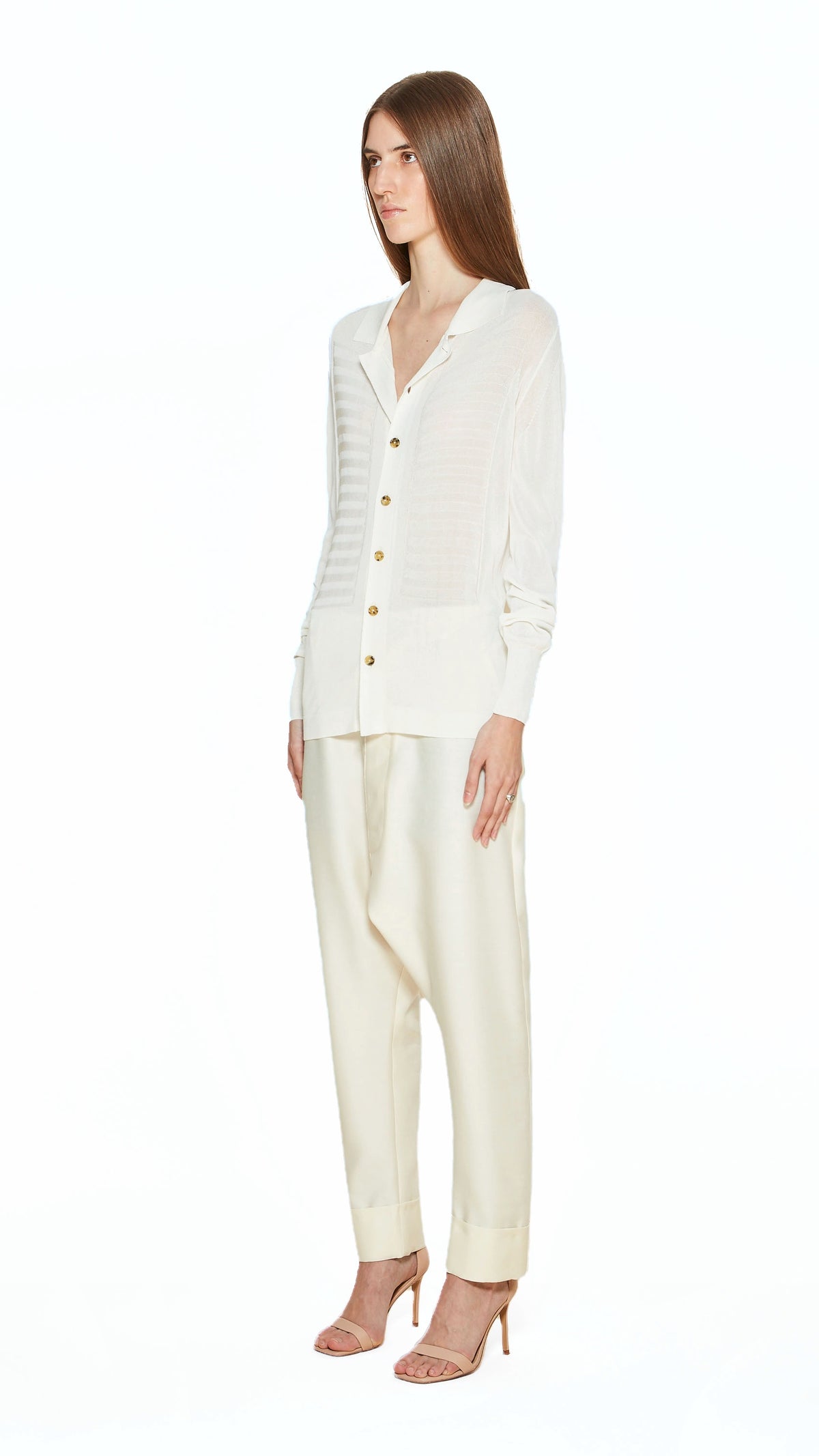 Bib Long Sleeve Polo Ivory Women, side view – POAN