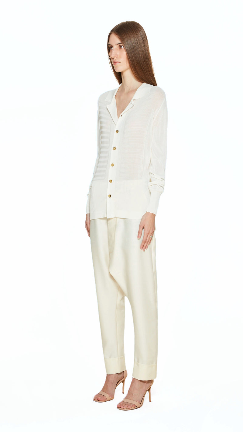 Bib Long Sleeve Polo Ivory Women, side view – POAN
