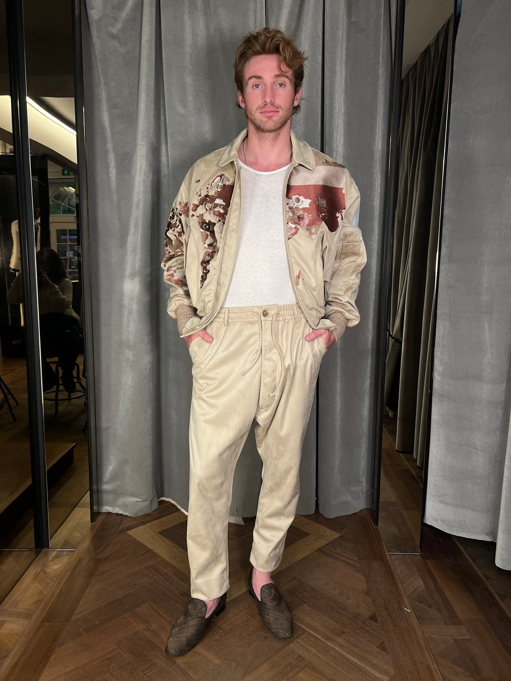 Worldmap Alcantara Embroidered Bomber Beige Men