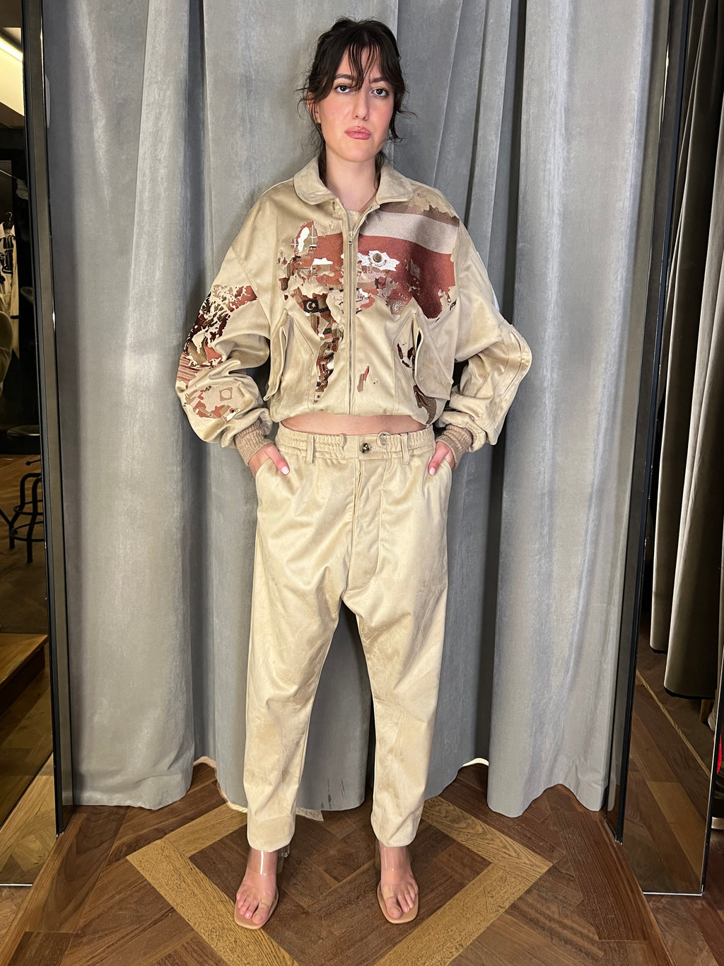 Worldmap Alcantara Embroidered Bomber Beige Women