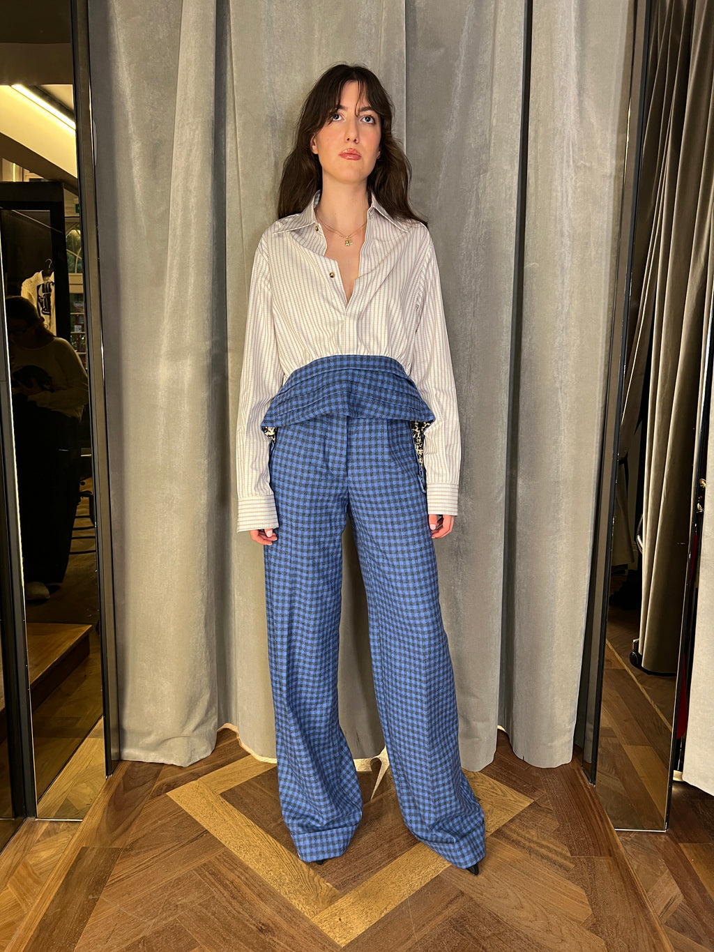 Palazzo Plaid Flannel Trousers Blue Women