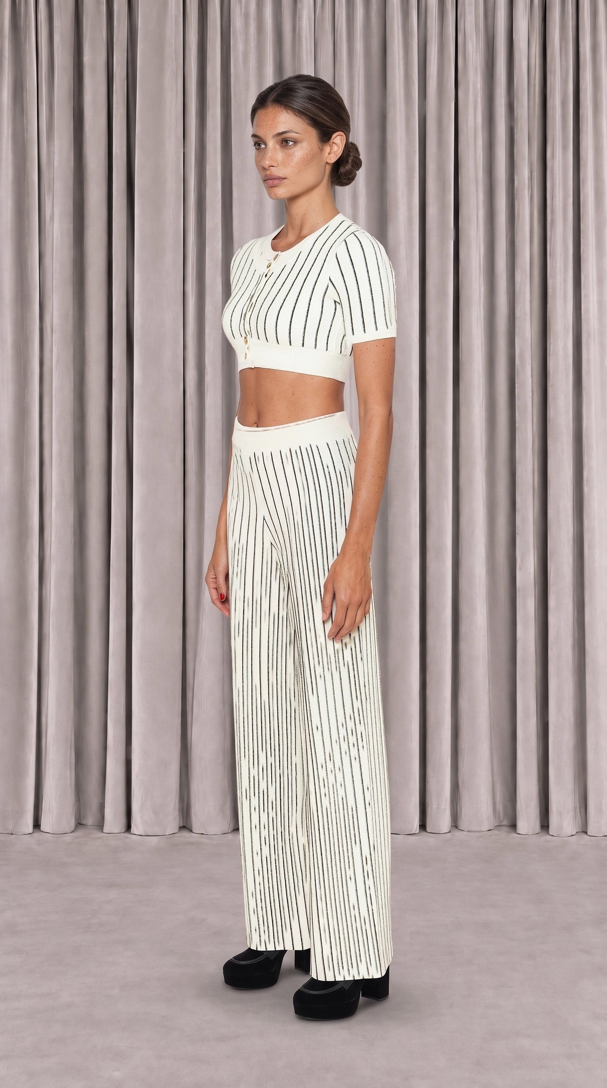 Elva Knitted Palazzo Trousers Women Ivory, side view – POAN