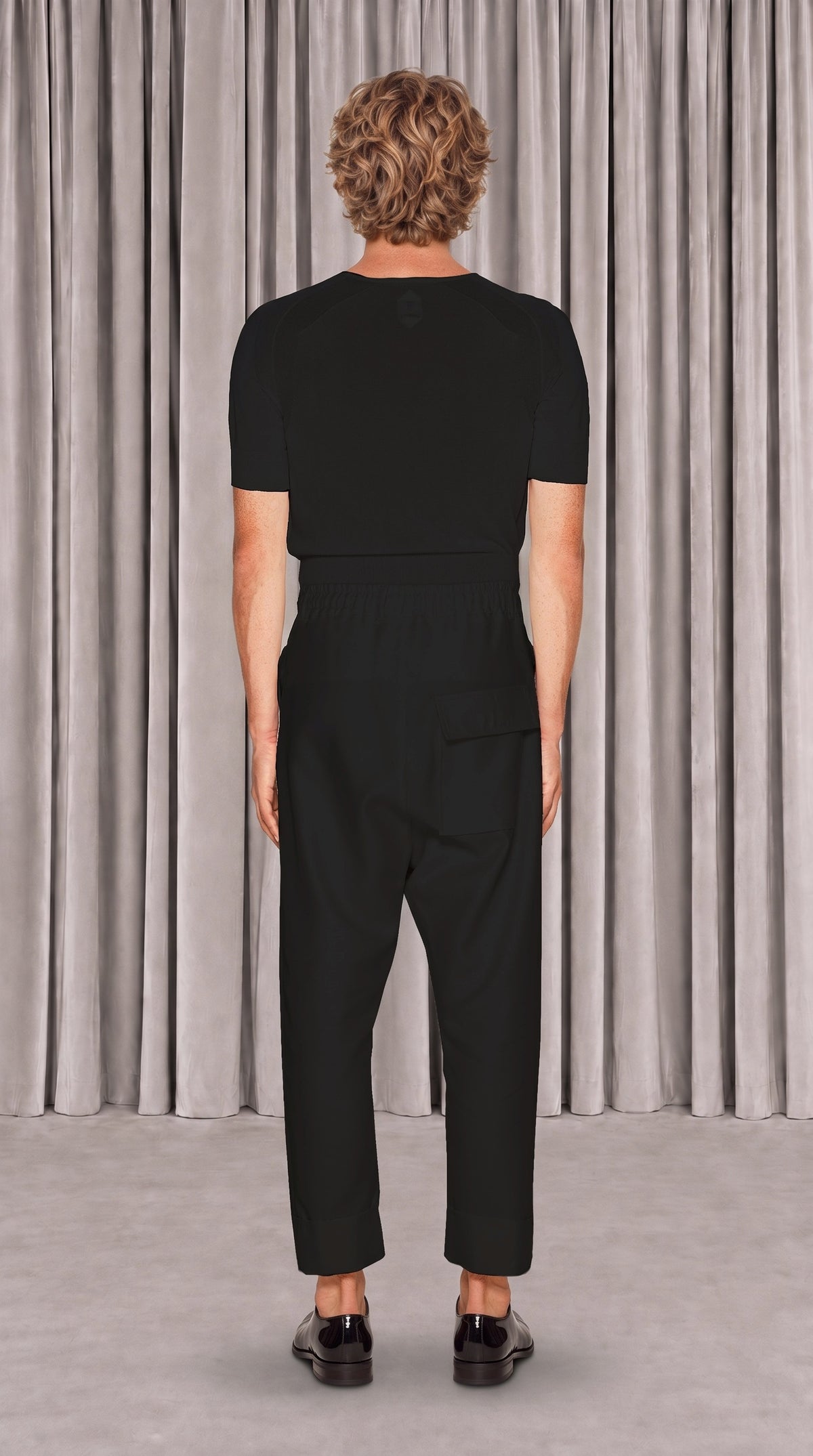 Fender Drop Crotch Trousers Men Black, back view – POAN