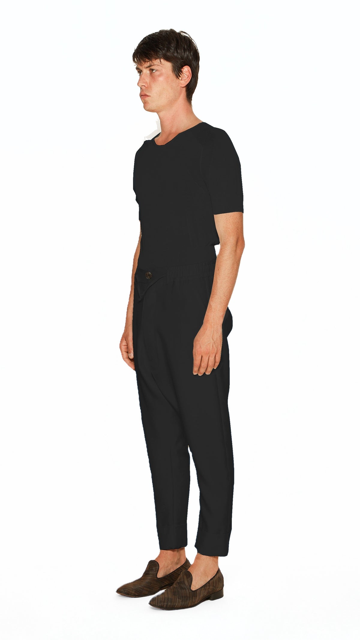 Fender Drop Crotch Trousers Men Black, side view – POAN