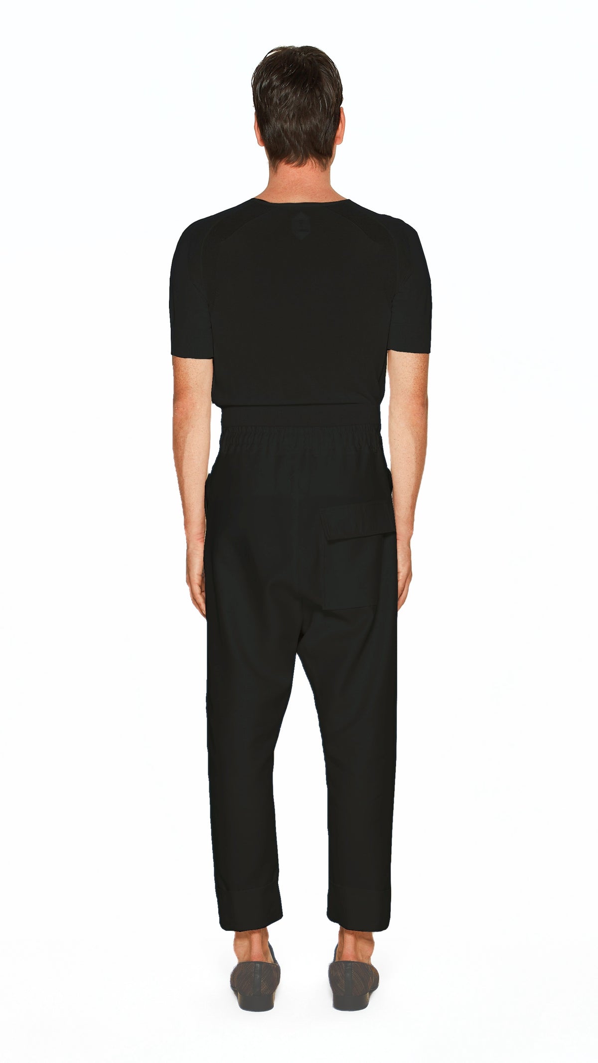 Fender Drop Crotch Trousers Men Black, back view – POAN