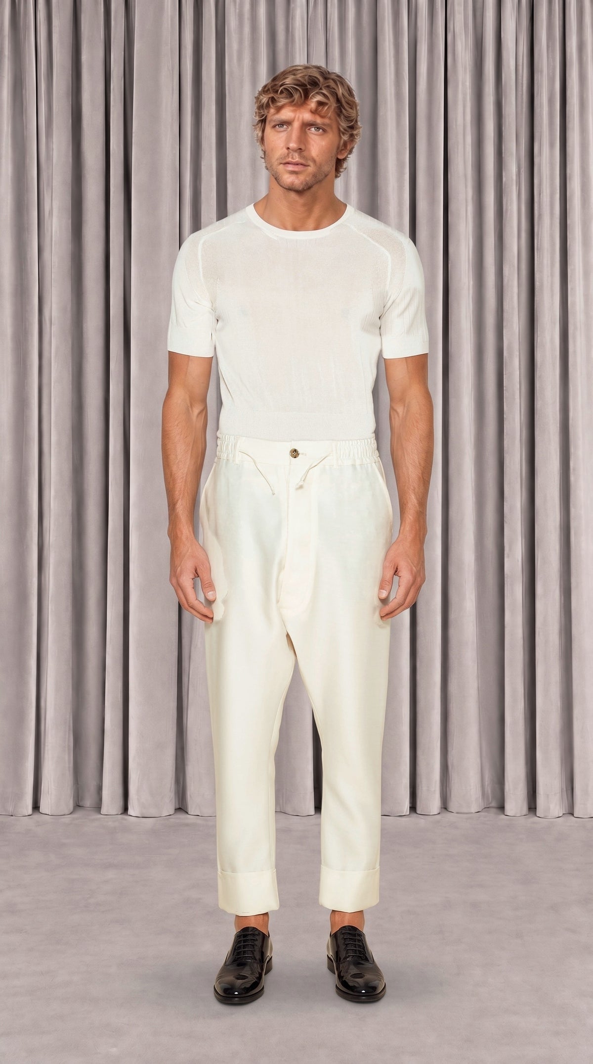 Fender Drop Crotch Trousers Men Ivory, front view – POAN