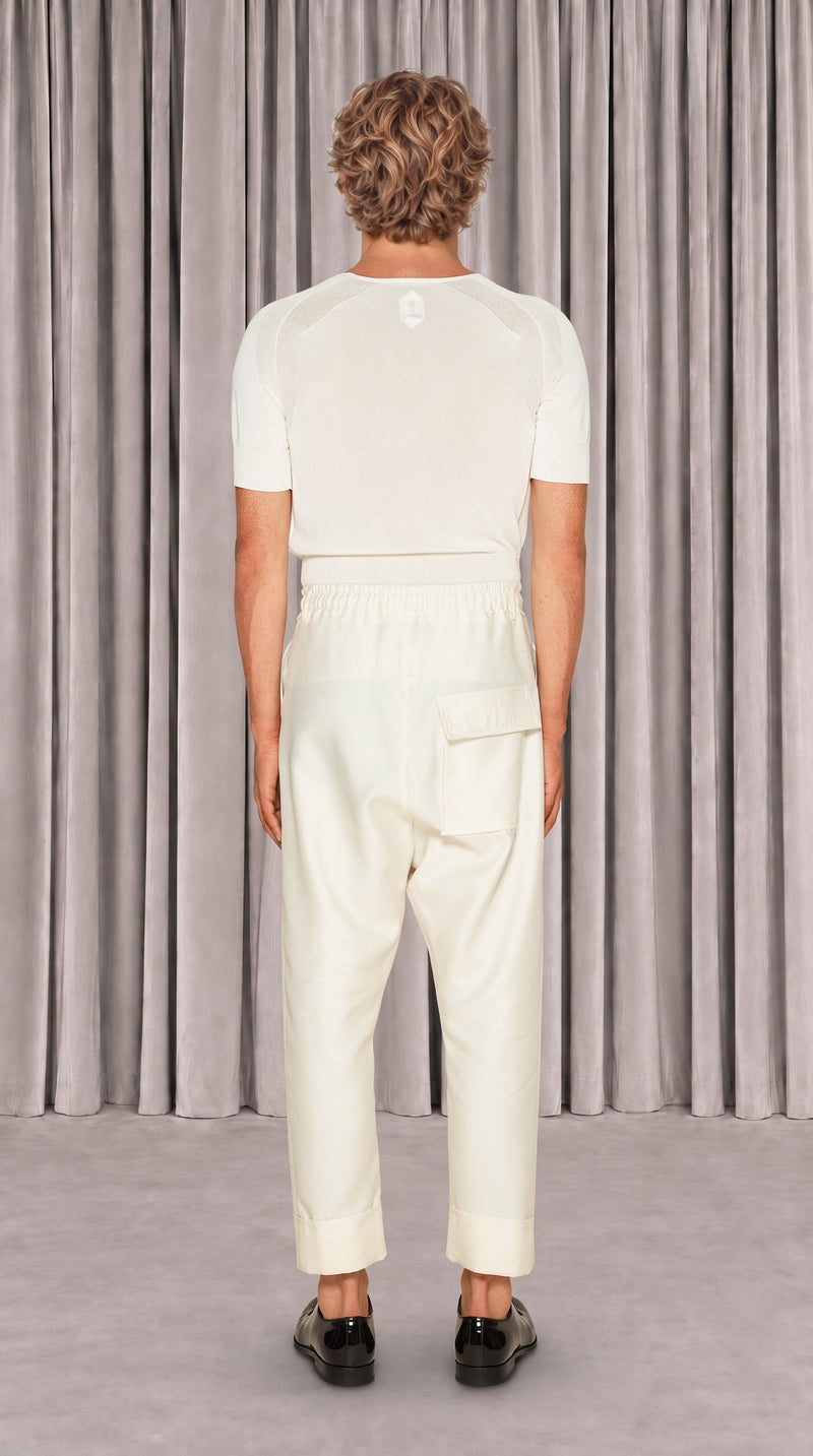 Fender Drop Crotch Trousers Men Ivory, back view – POAN