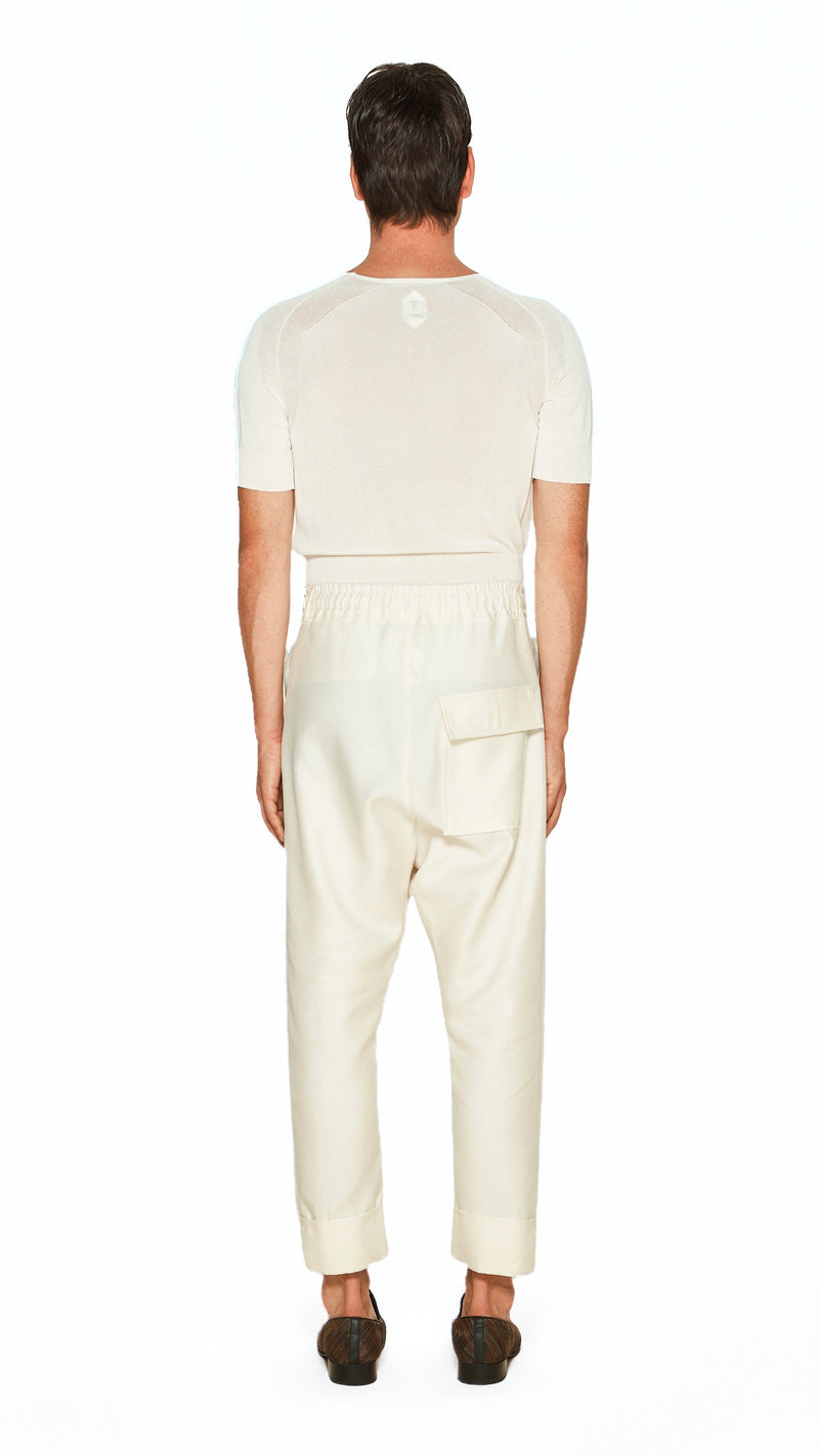Fender Drop Crotch Trousers Men Ivory, back view – POAN