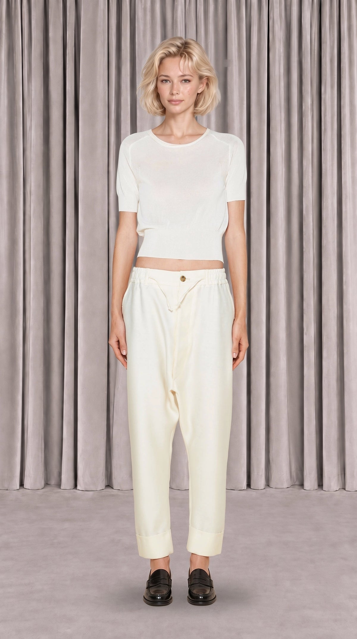 Fender Drop Crotch Trousers Women Ivory, front view – POAN