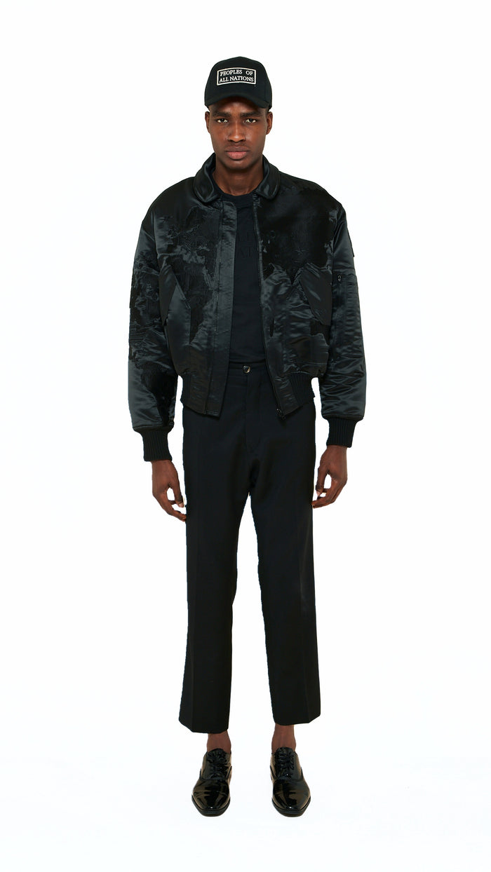 Hero World Map Bomber Jacket Men Black, front view – POAN