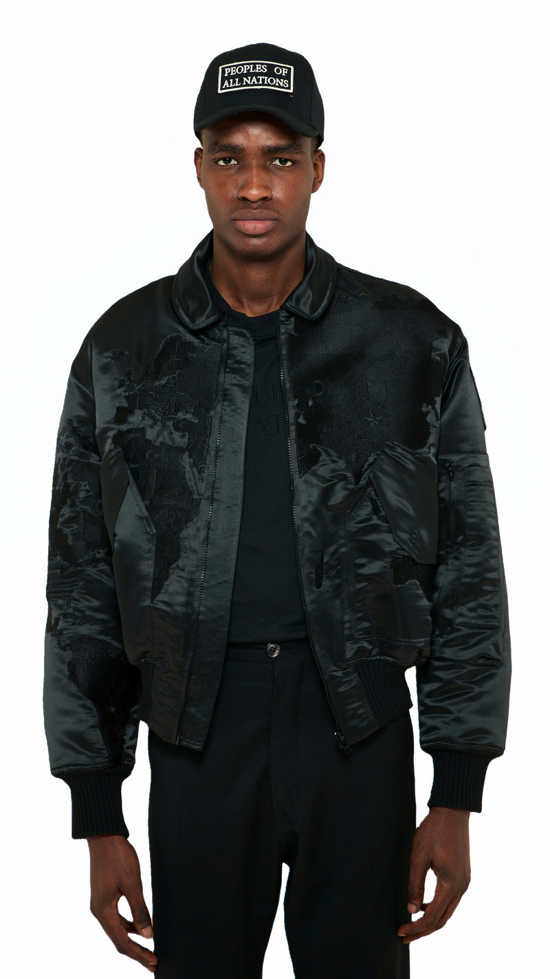 Hero World Map Bomber Jacket Men Black, detail – POAN