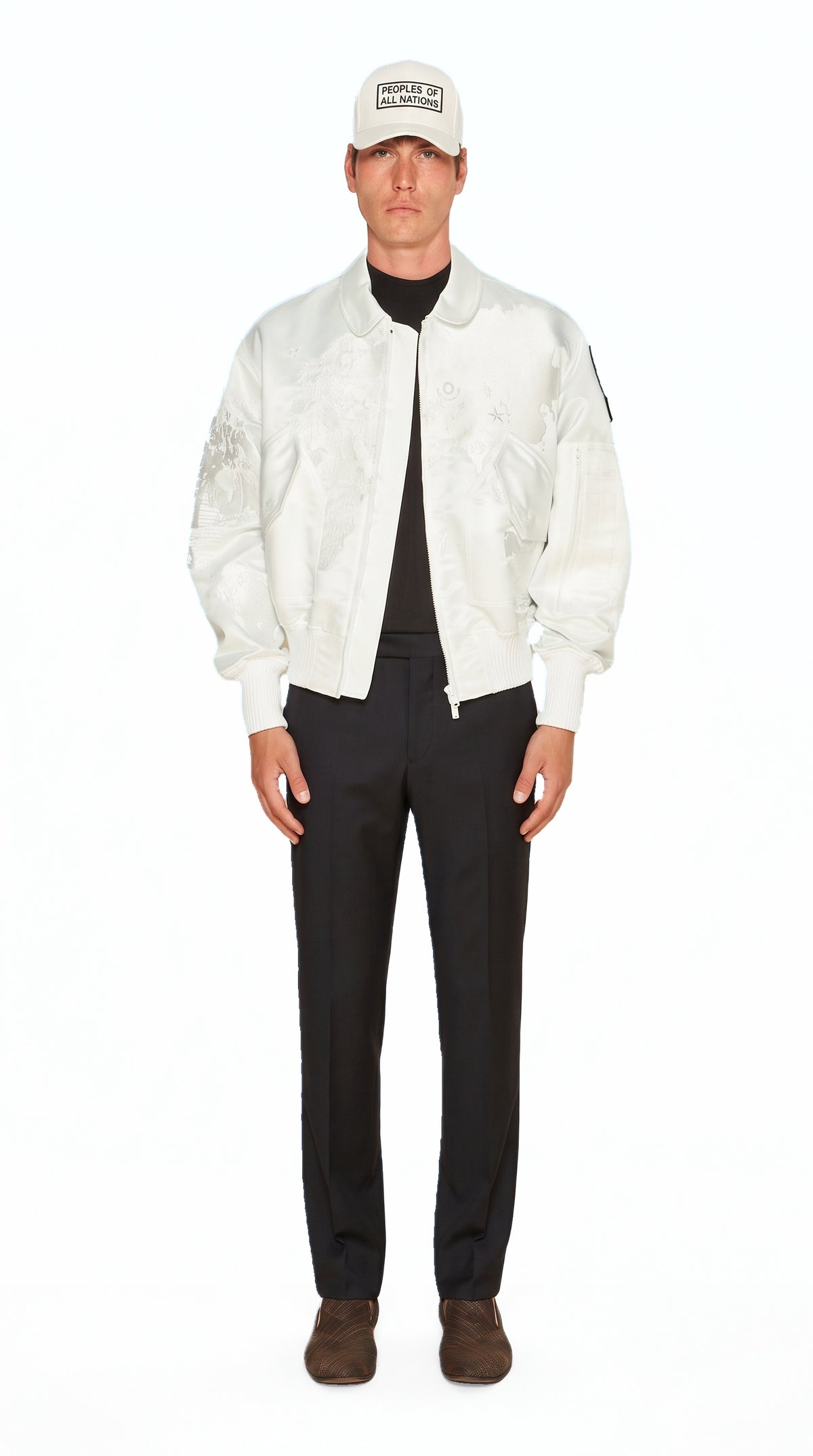 Hero World Map Bomber Jacket Men Ivory, front view – POAN