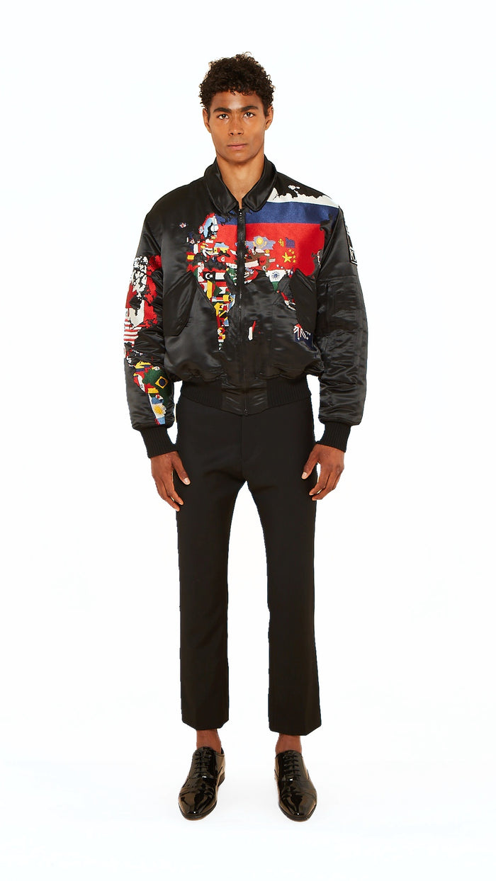 Hero World Map Bomber Jacket Multi Men Black, front view – POAN