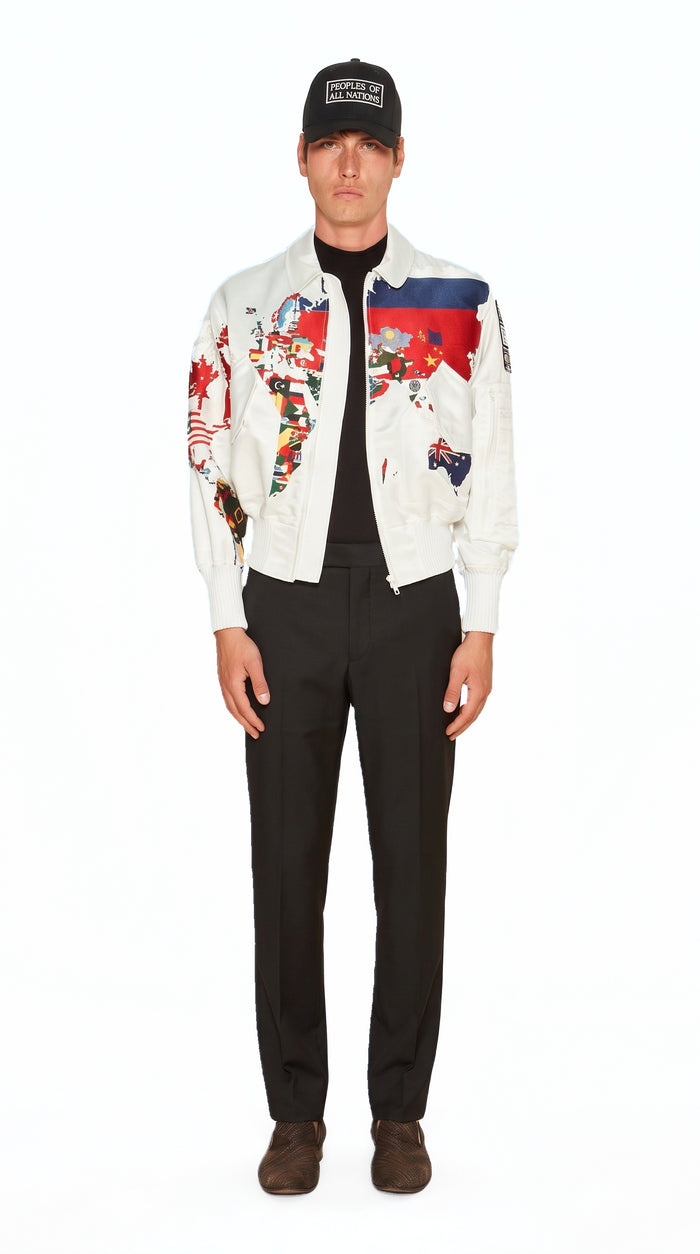 Hero World Map Bomber Jacket Multi Men Ivory, front view – POAN