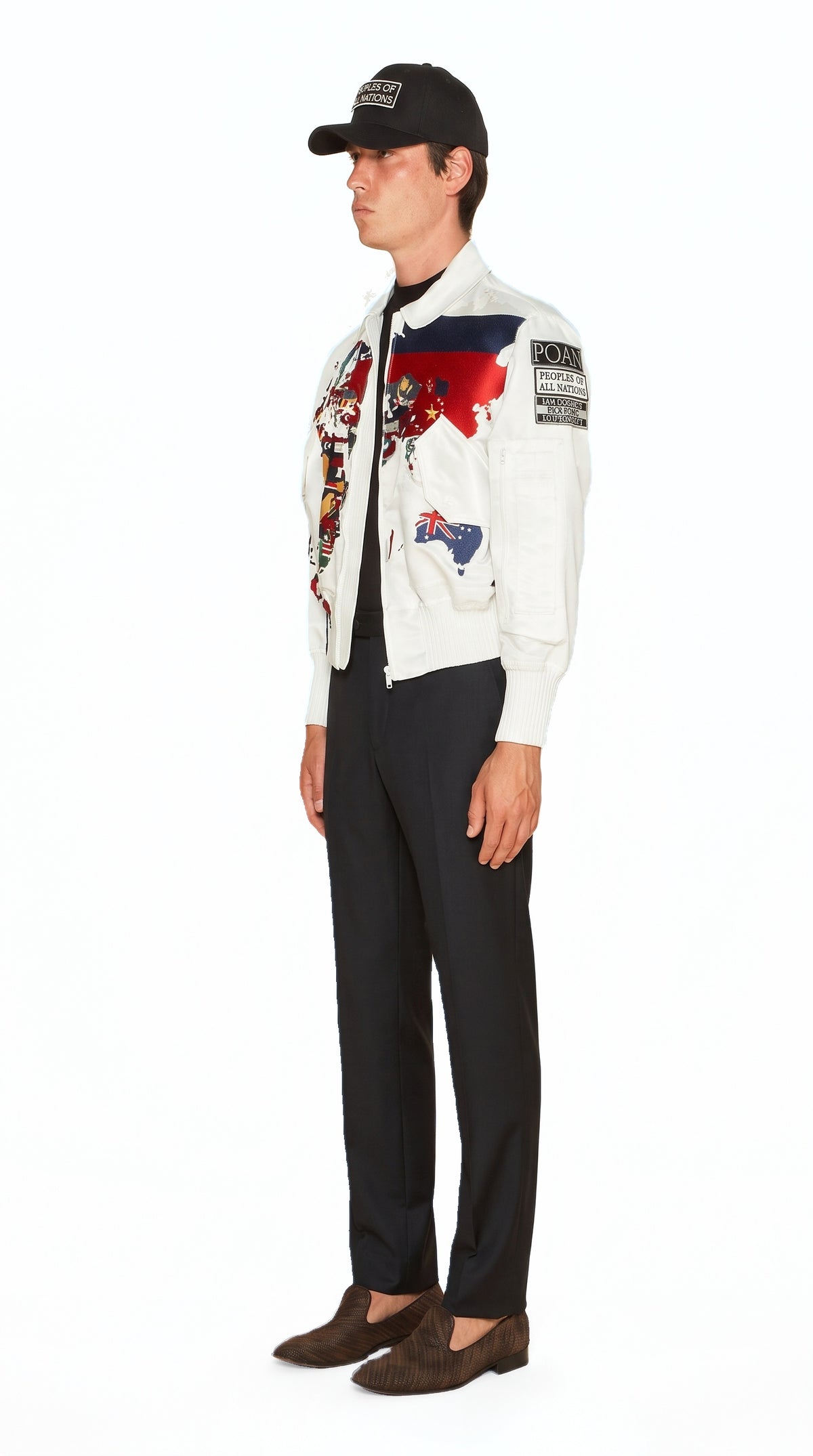 Hero World Map Bomber Jacket Multi Men Ivory, side view – POAN