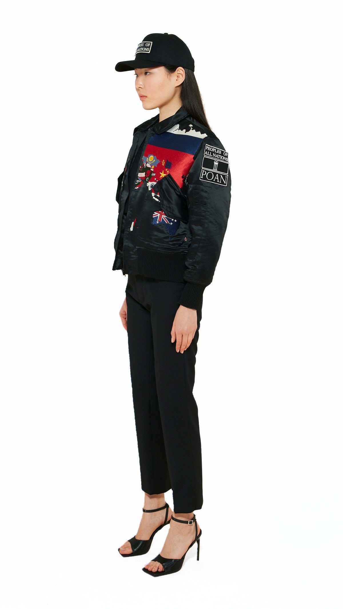 Hero World Map Bomber Jacket Multi Women Black, side view – POAN