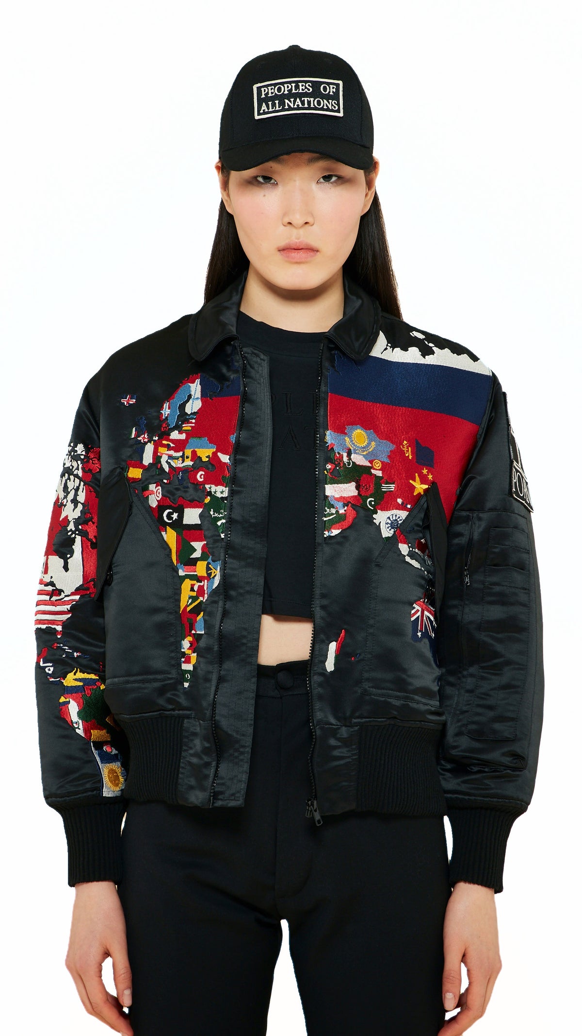 Hero World Map Bomber Jacket Multi Women Black, detail – POAN