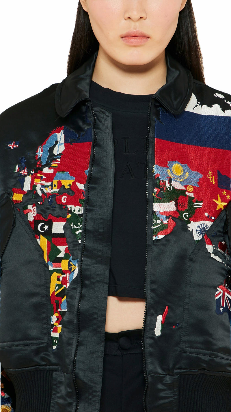 Hero World Map Bomber Jacket Multi Women Black, detail – POAN