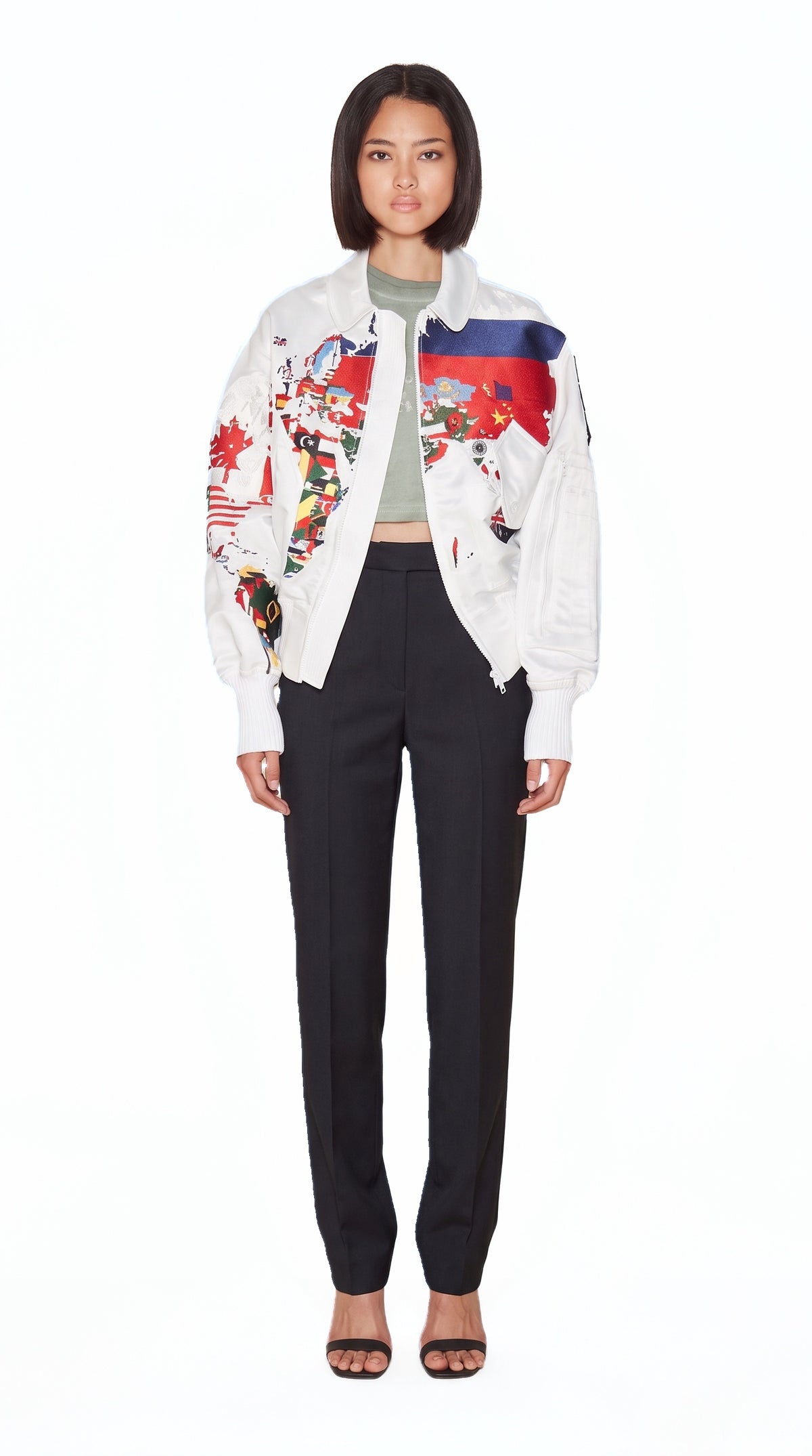 Hero World Map Bomber Jacket Multi Women Ivory, front view – POAN