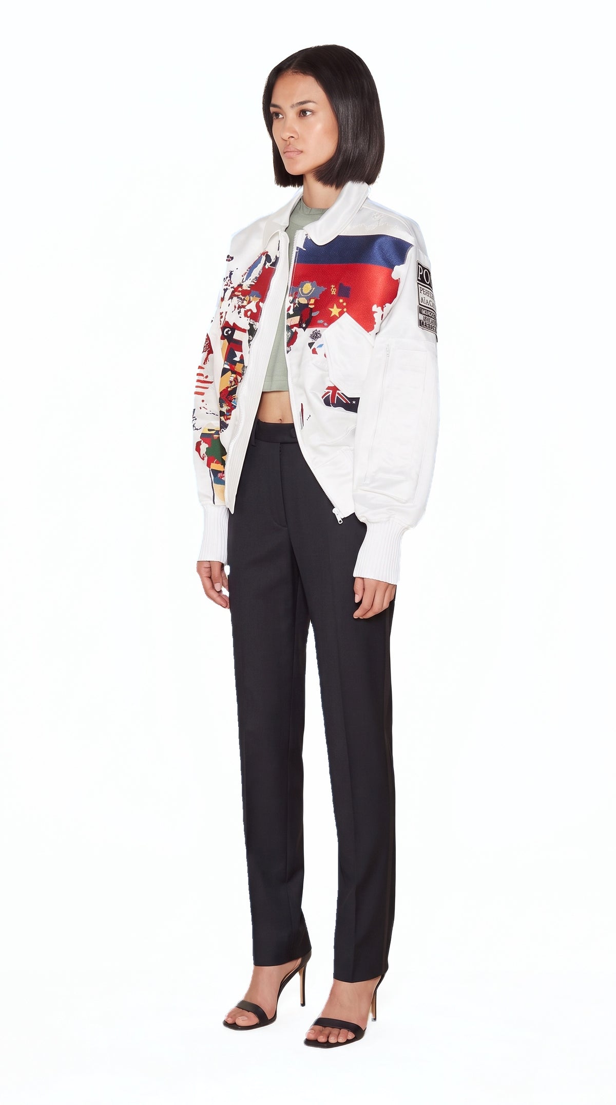 Hero World Map Bomber Jacket Multi Women Ivory, side view – POAN