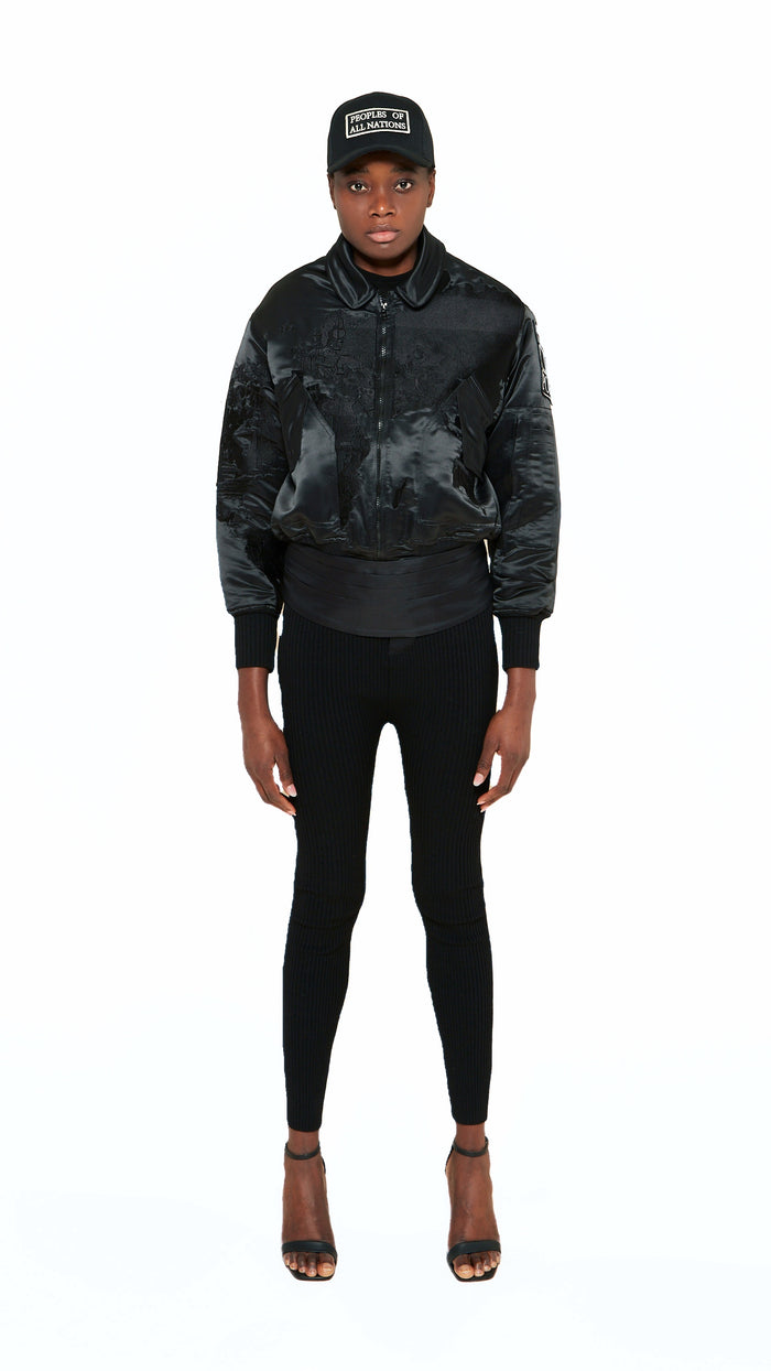 Hero World Map Bomber Jacket Women Black, front view – POAN