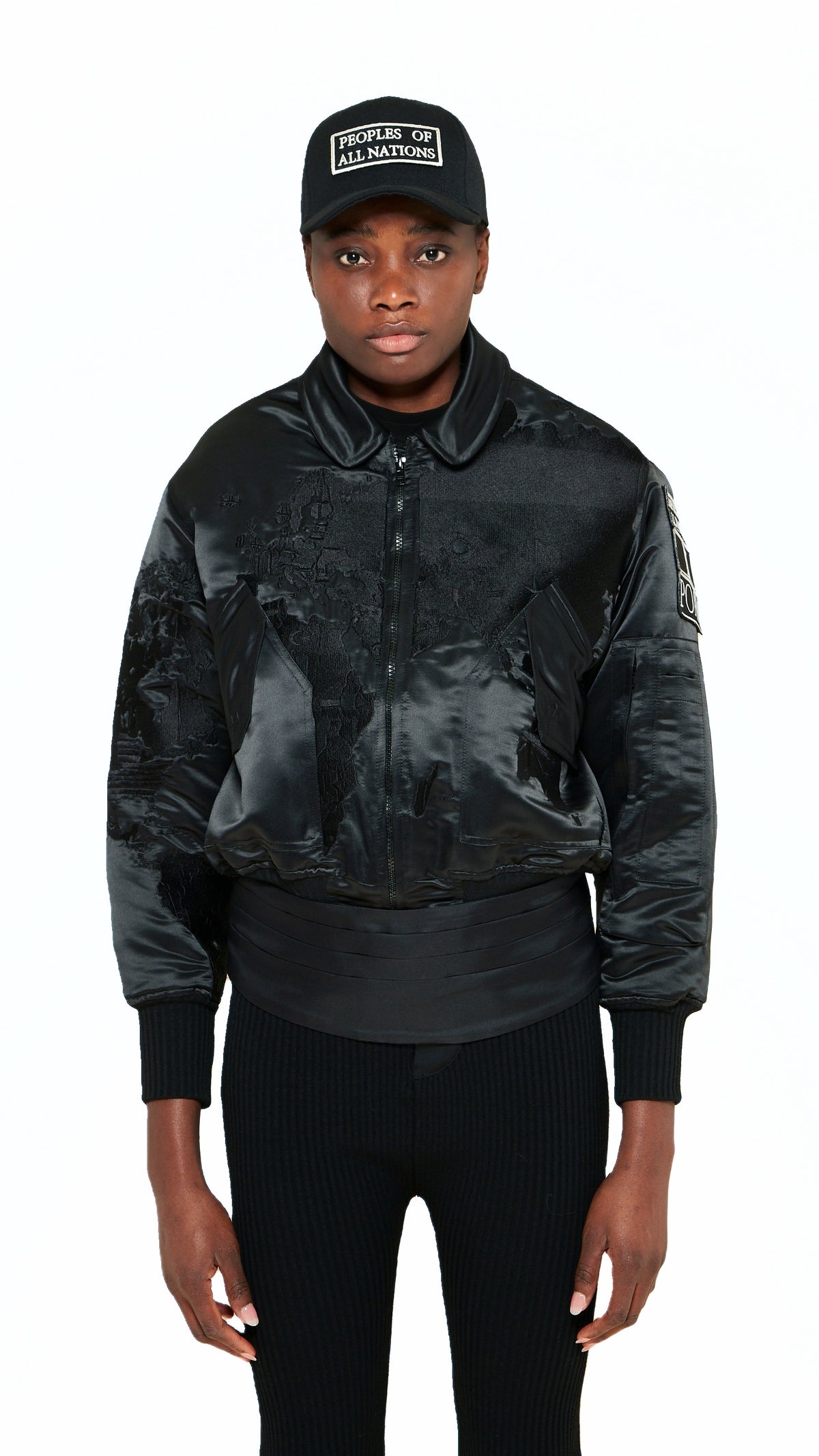 Hero World Map Bomber Jacket Women Black, detail – POAN