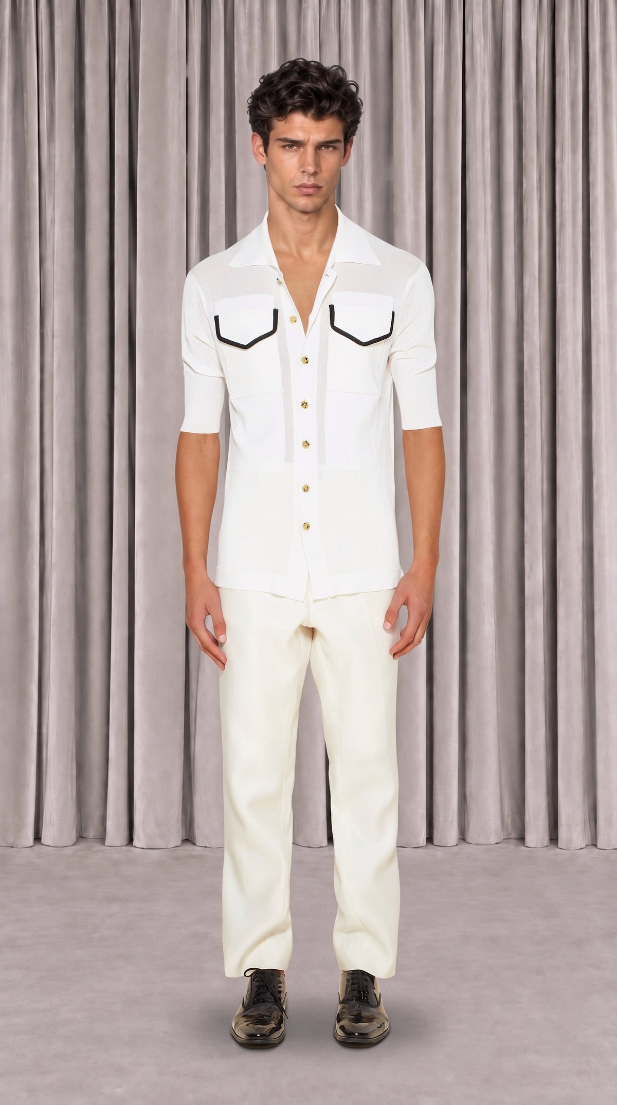 Keaton Short Sleeve Polo Men Ivory, front view – POAN