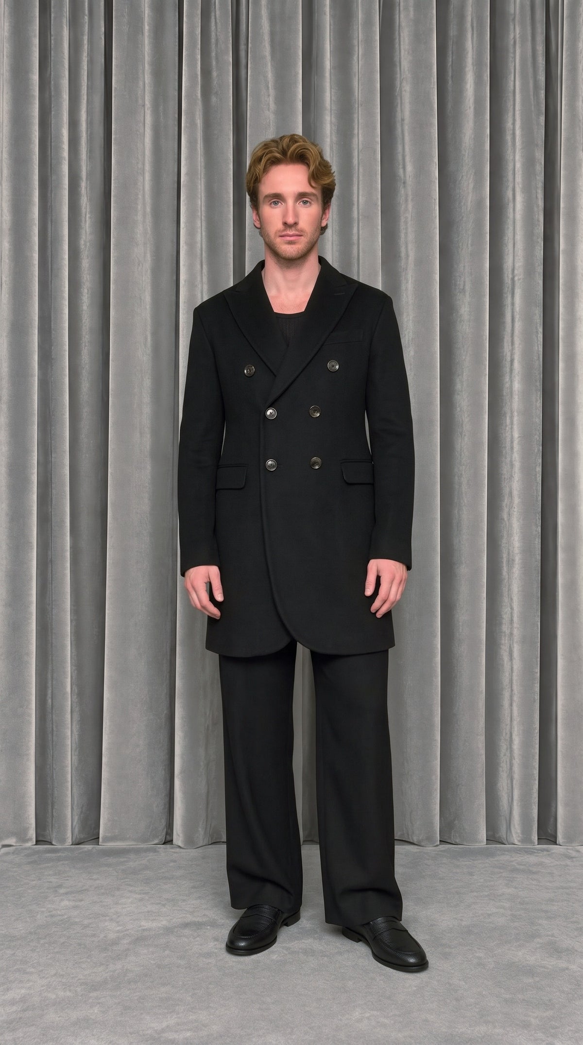 Michael Melton Overcoat Men Black – worn, model front