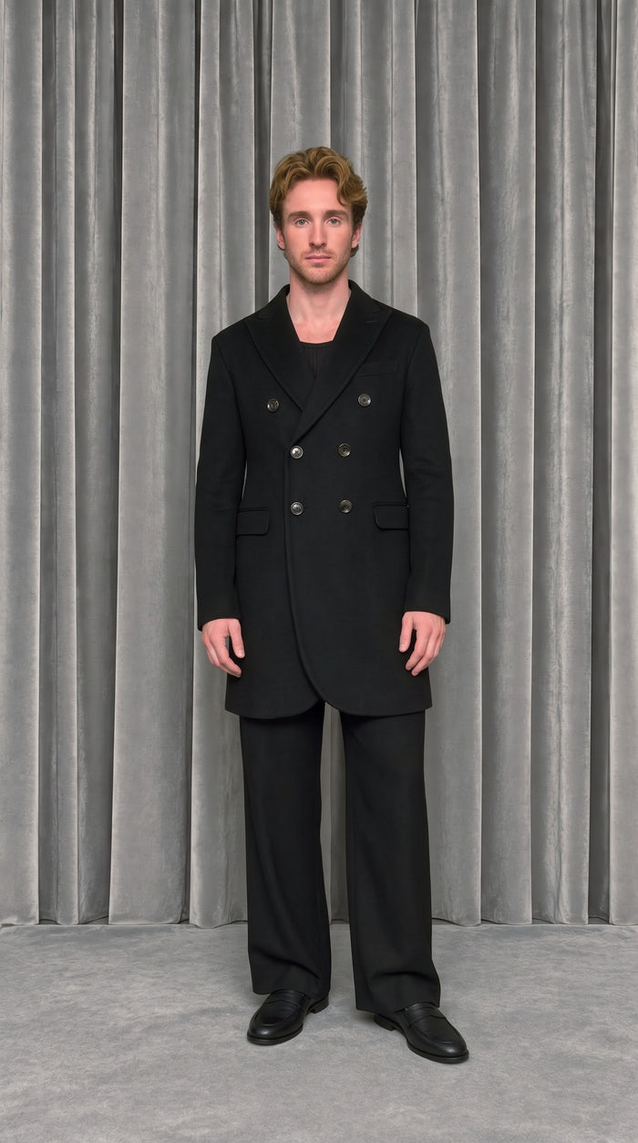 Michael Melton Overcoat Men Black – worn, model front