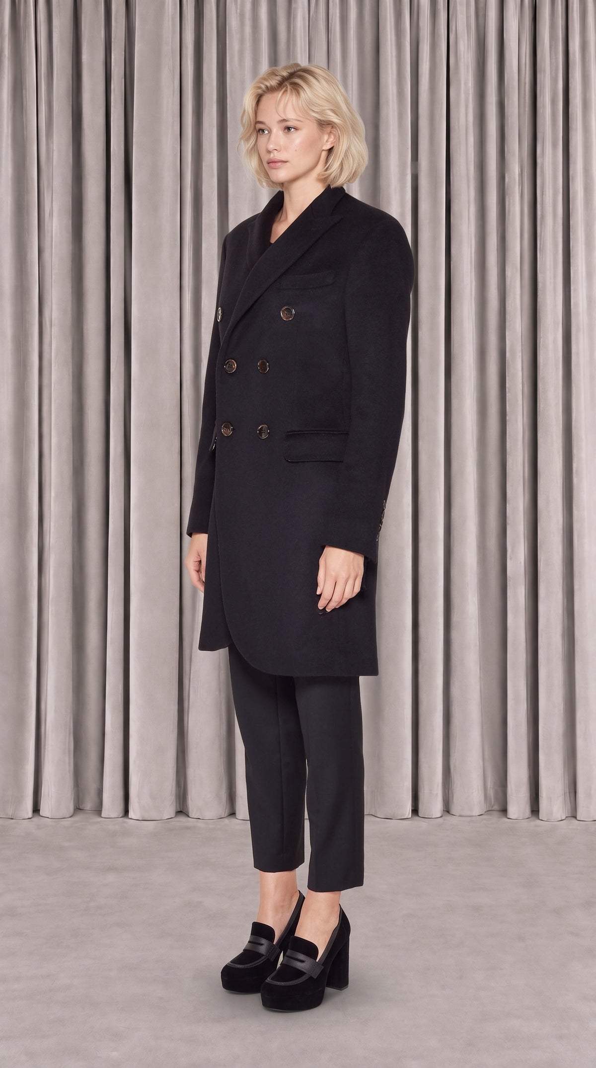 Michael Melton Overcoat Women Black, side view – POAN