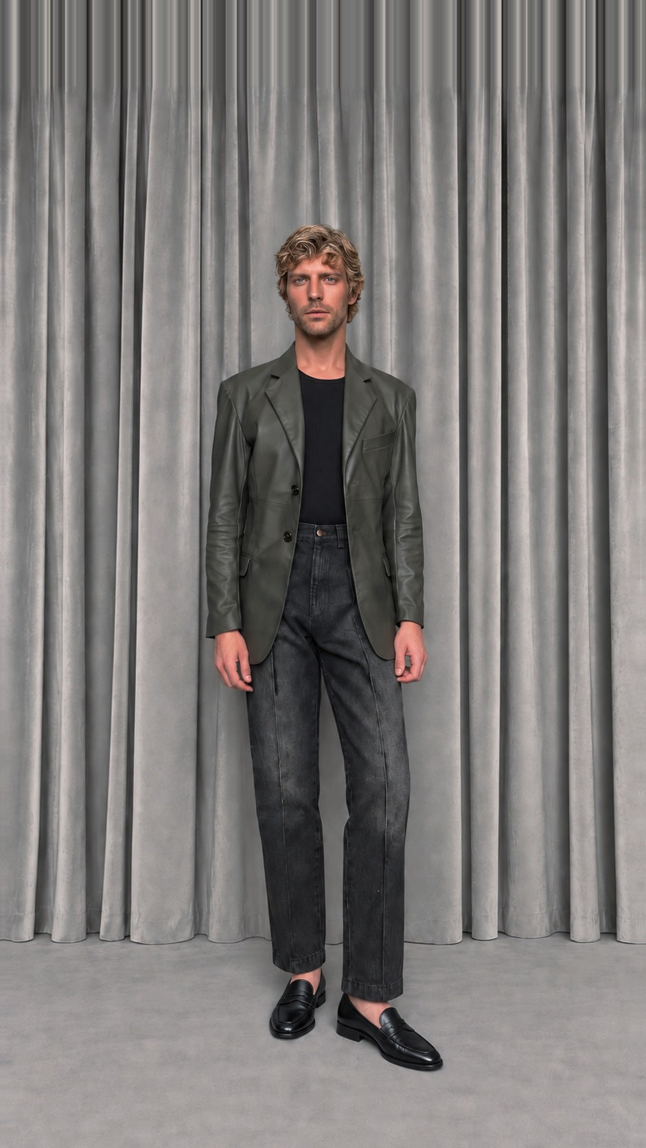 Nicholas blazer in olive vegan leather over the Cardinal tank top, with Kill Denim jeans