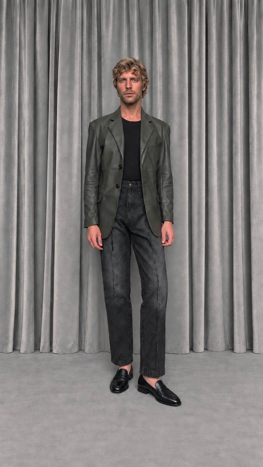 Nicholas blazer in olive vegan leather with Kill Denim jeans