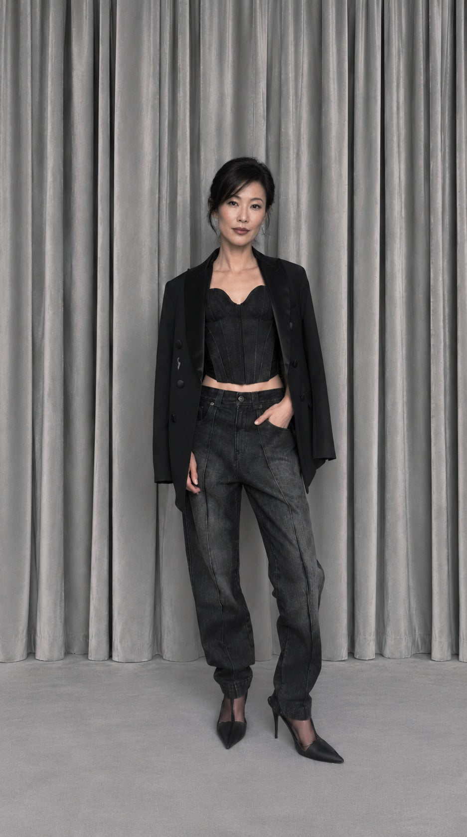Michael evening jacket over the Hasan denim corset, with Kill Denim jeans