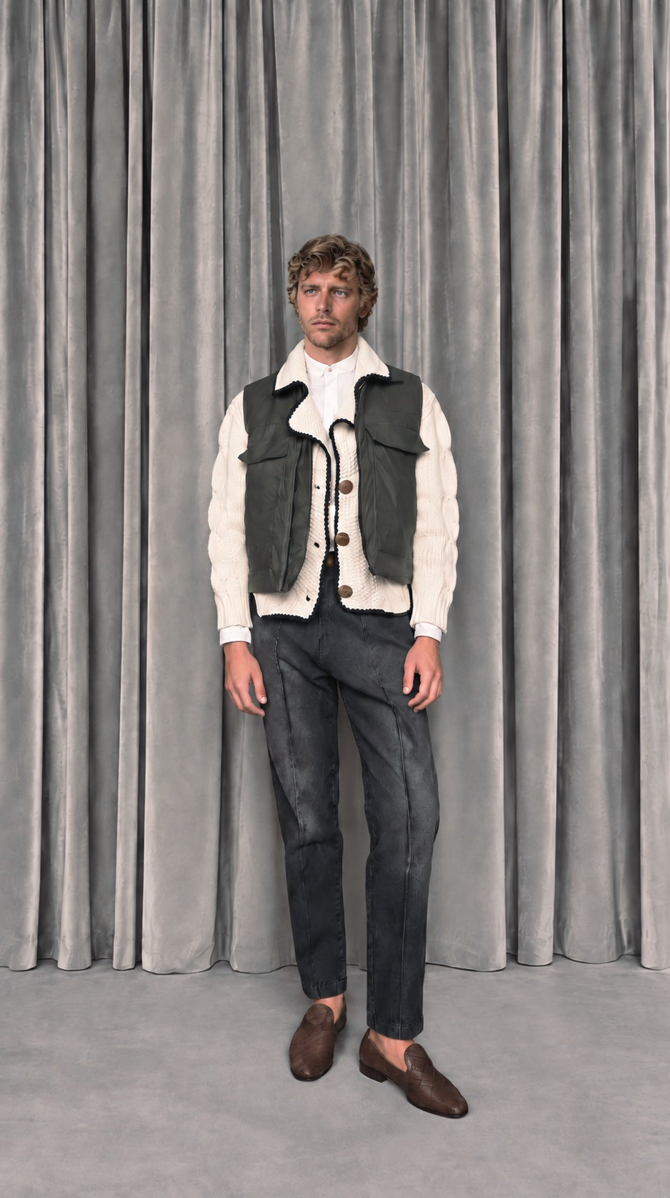 Olive vegan leather waistcoat over the Junker cashmere, with Kill Denim jeans