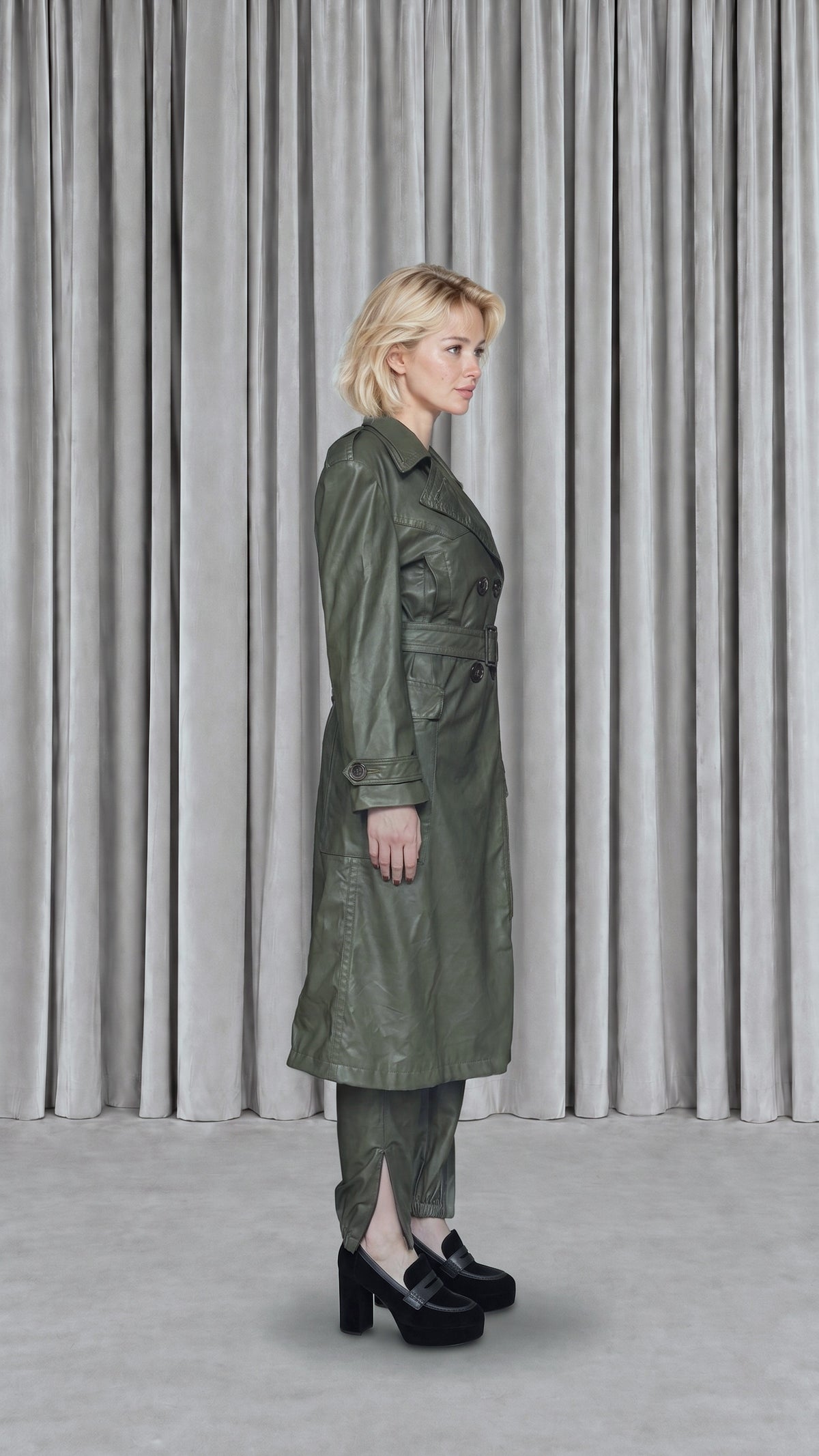 Andreas Coat Vegan Leather Olive Women, model side – POAN