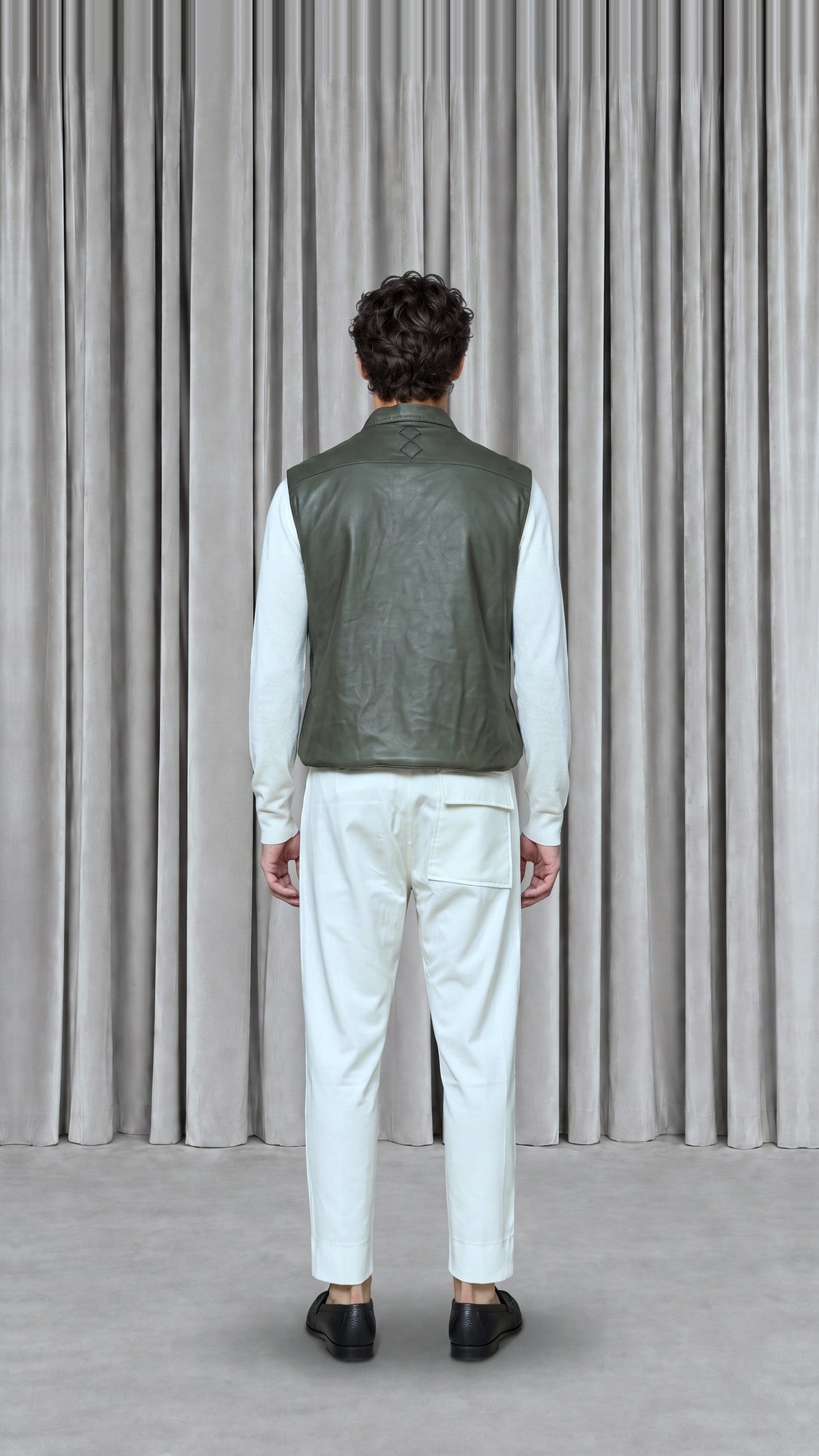 Brian Waistcoat Vegan Leather Olive Men, model back – POAN