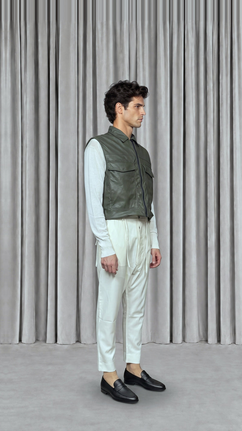 Brian Waistcoat Vegan Leather Olive Men, model side – POAN