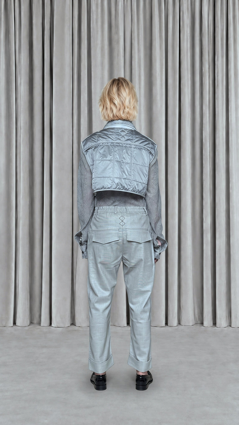 Brian Waistcoat Cropped Quilted Nylon Silver Women, model back – POAN
