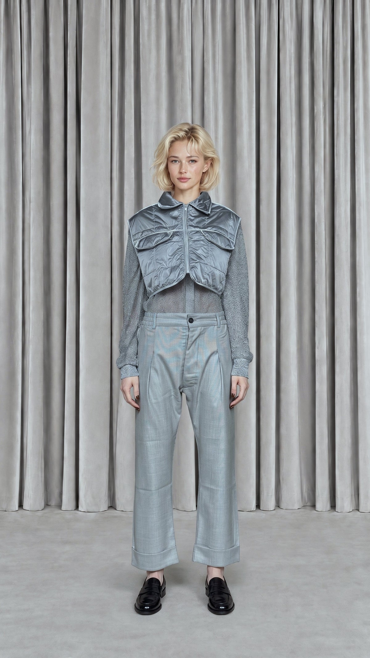Brian Waistcoat Cropped Quilted Nylon Silver Women, model front – POAN