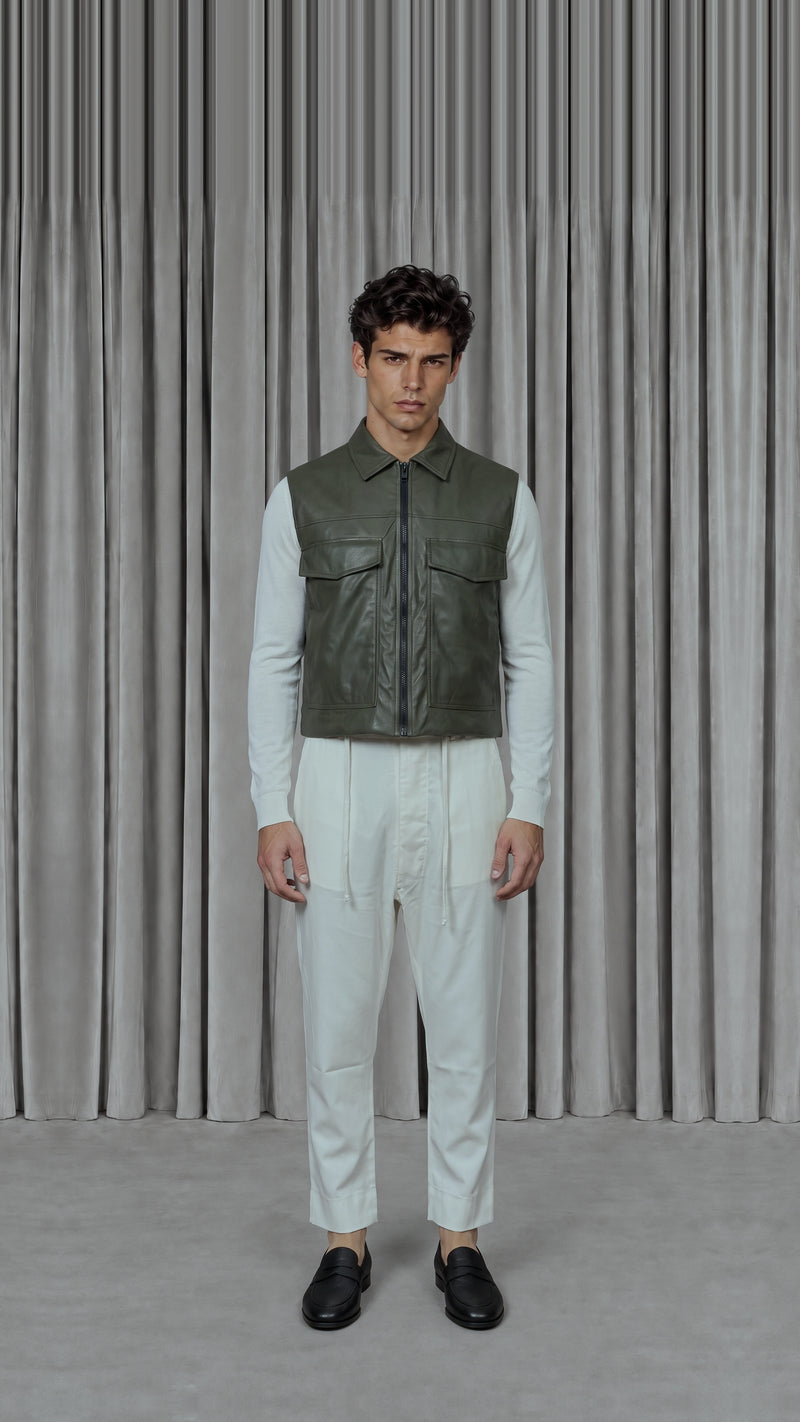 Brian Waistcoat Vegan Leather Olive Men, model front – POAN