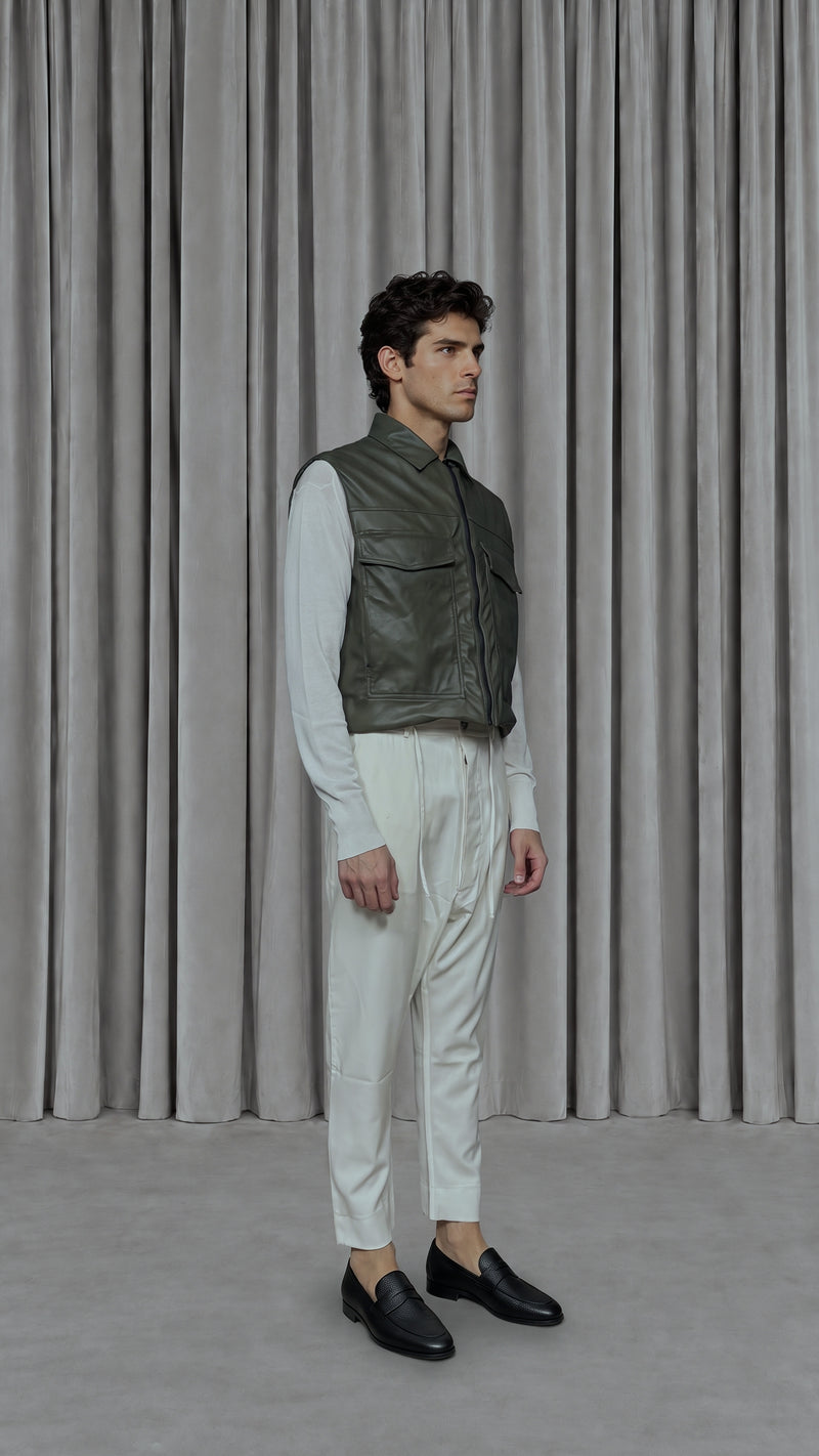 Brian Waistcoat Vegan Leather Olive Men, model side – POAN