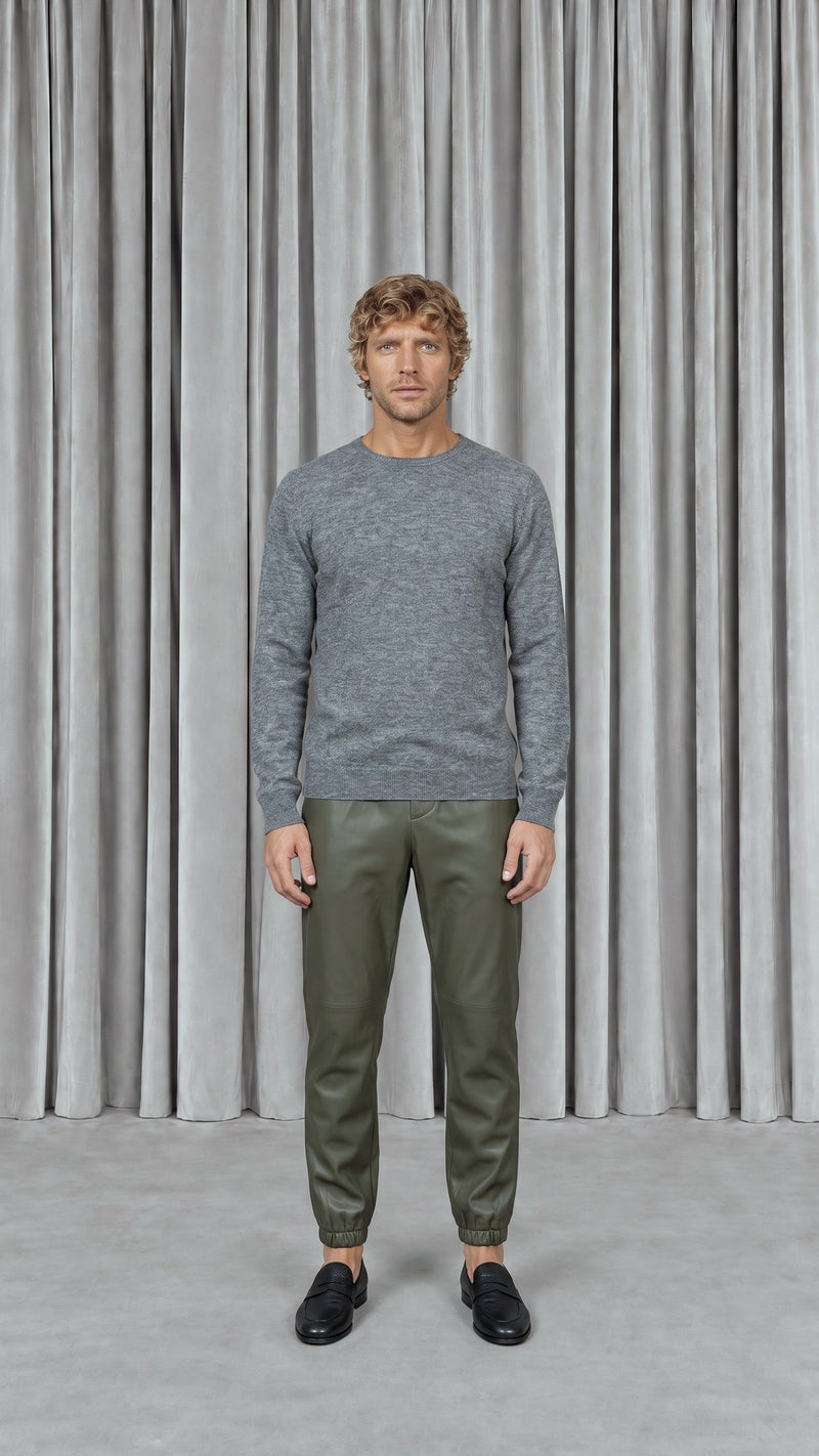 Christina  Tracksuit Pants Vegan Leather Olive Men, model front – POAN