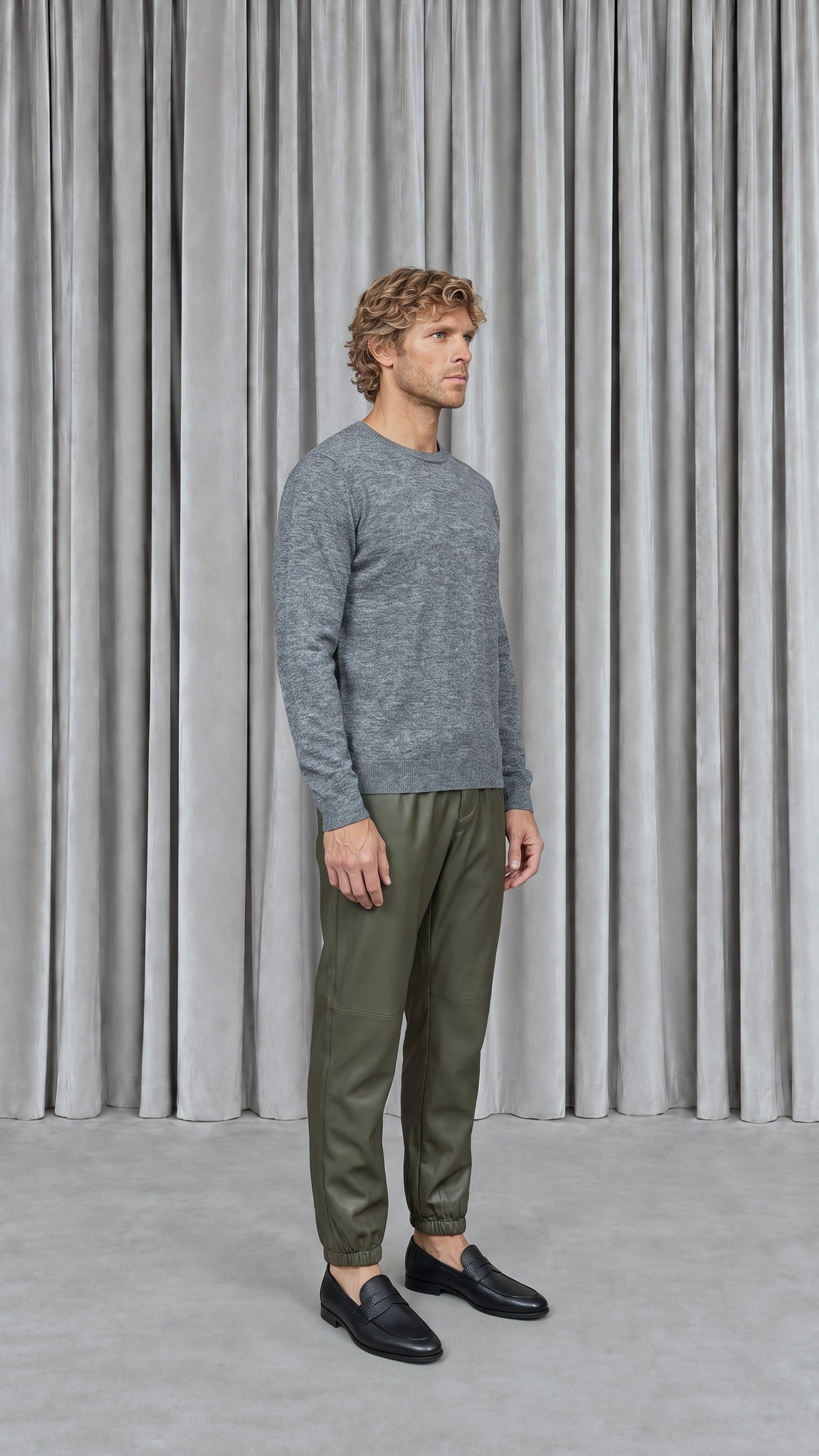 Christina  Tracksuit Pants Vegan Leather Olive Men, model side – POAN