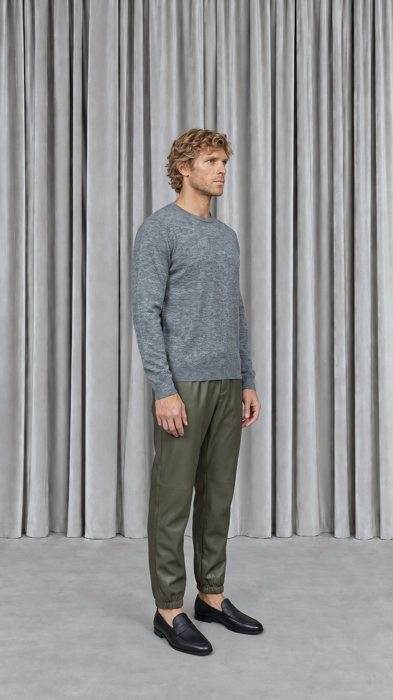 Christina  Tracksuit Pants Vegan Leather Olive Men, model side – POAN