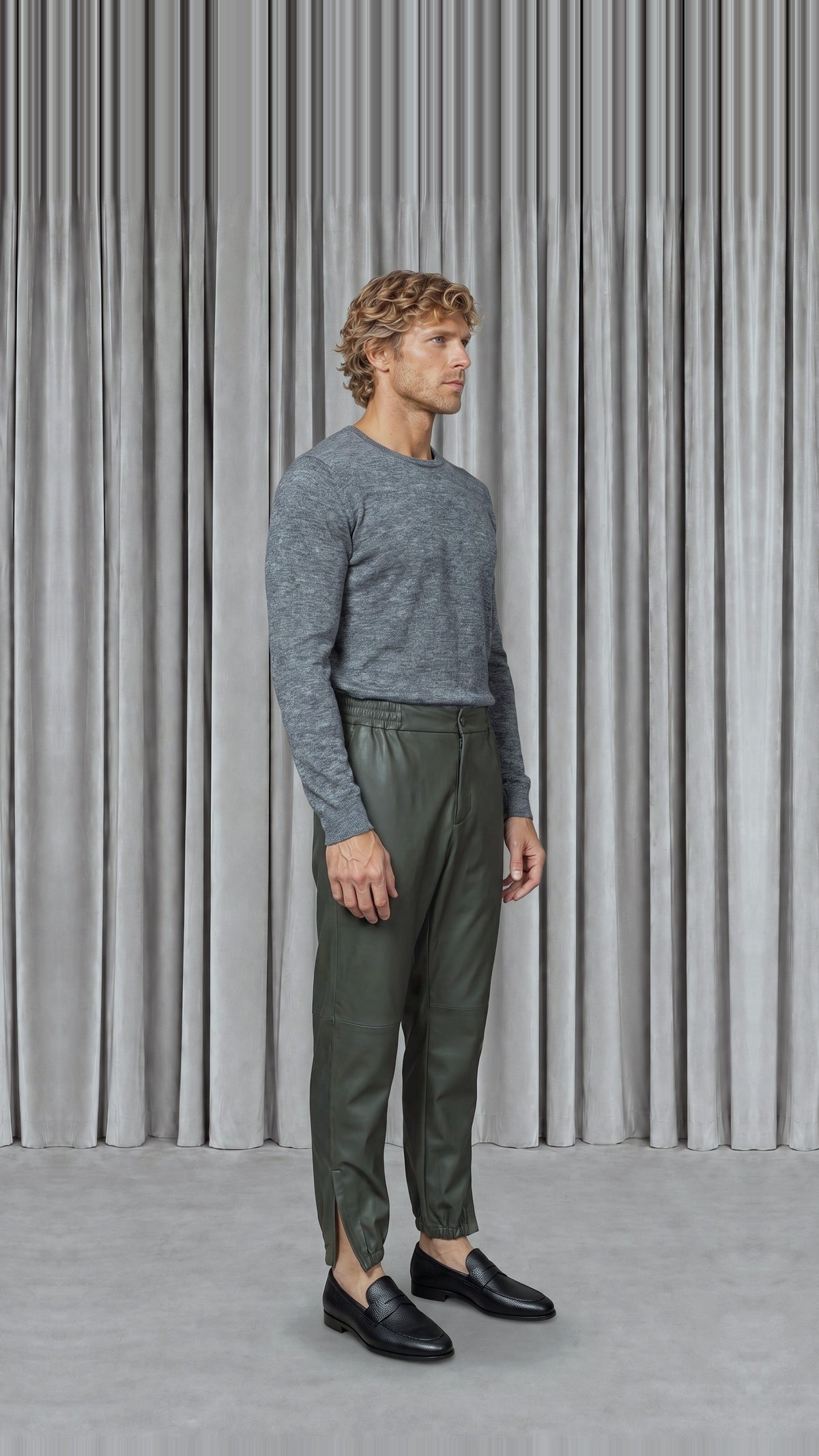 Christina Tracksuit Pants Vegan Leather Olive Men, model side – POAN