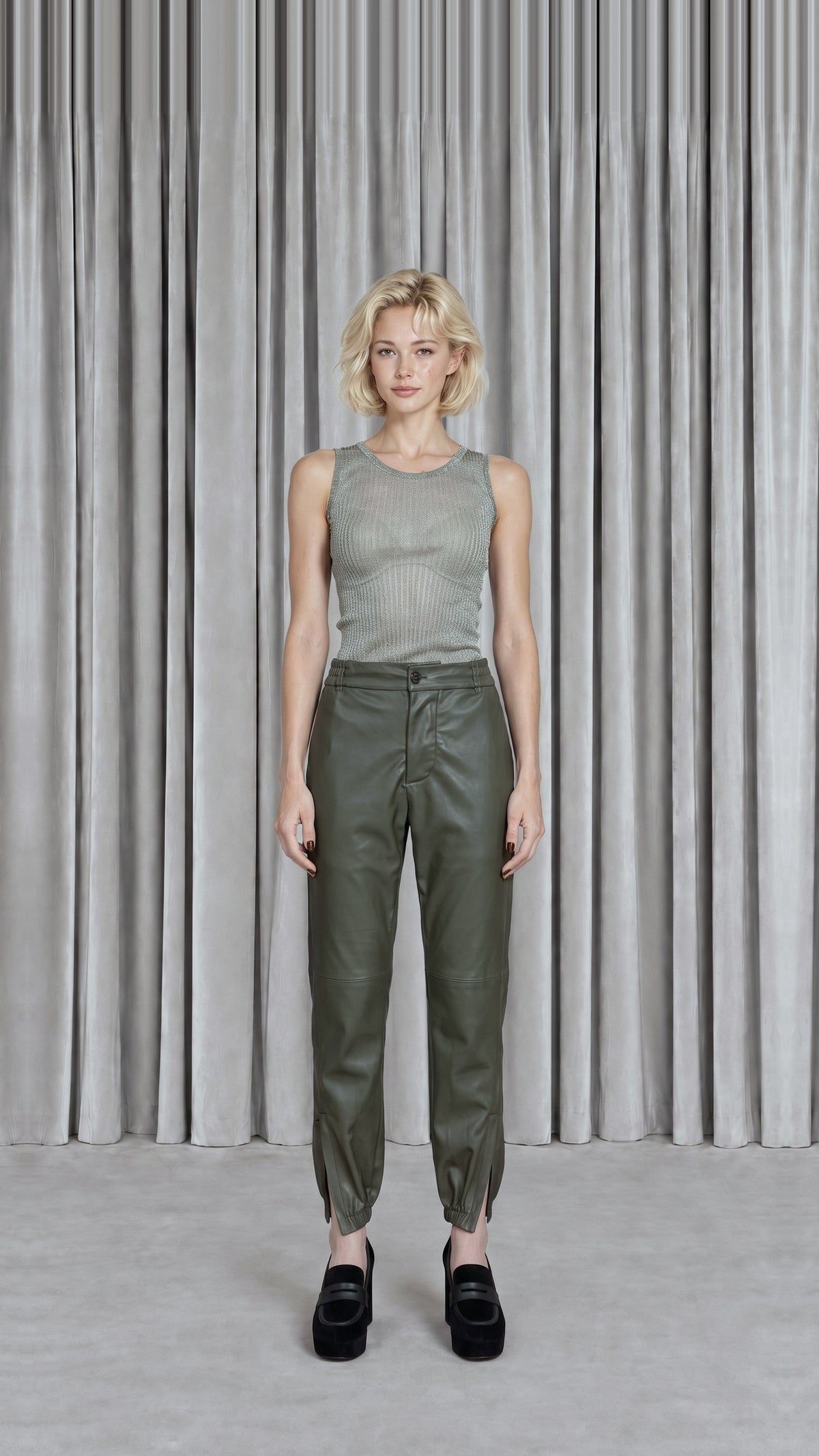 Christina  Tracksuit Pants Vegan Leather Olive Women, model front – POAN