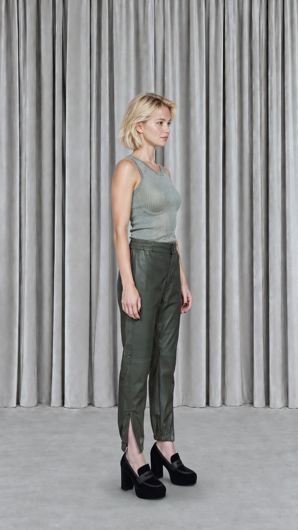 Christina  Tracksuit Pants Vegan Leather Olive Women, model side – POAN