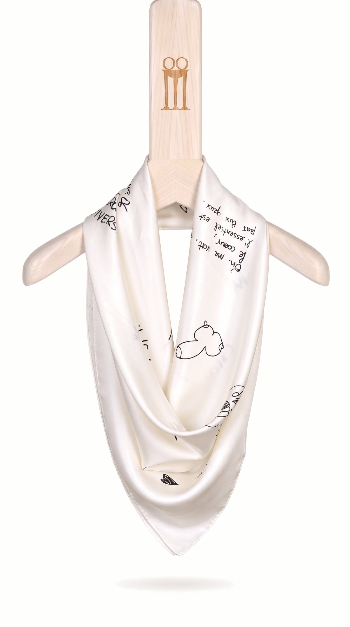 Fulon Foulard Scarf Ivory – silk foulard with graffiti print on the POAN Tripod hanger